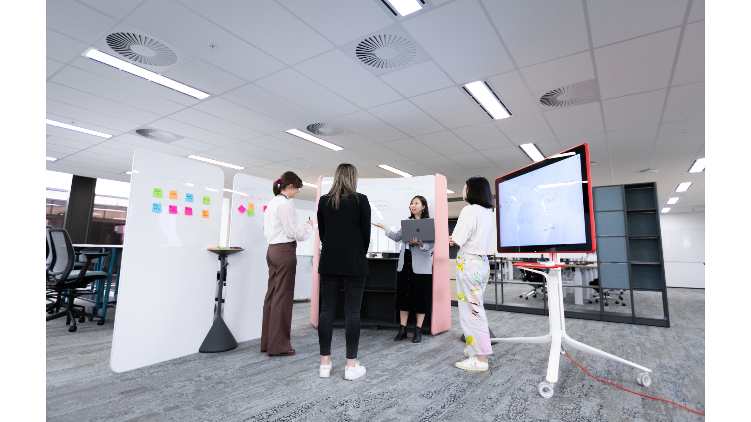 A Xero team uses coloured sticky notes and a whiteboard in a project meeting.