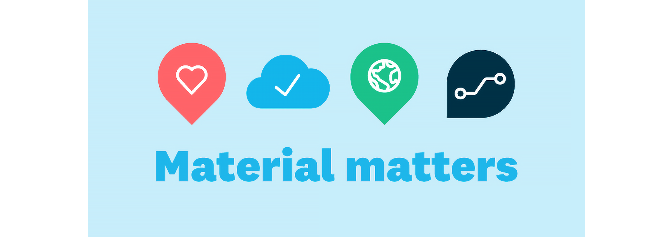 Icons of a heart, a cloud, a globe, and two connected points, with the words ‘Material matters’.