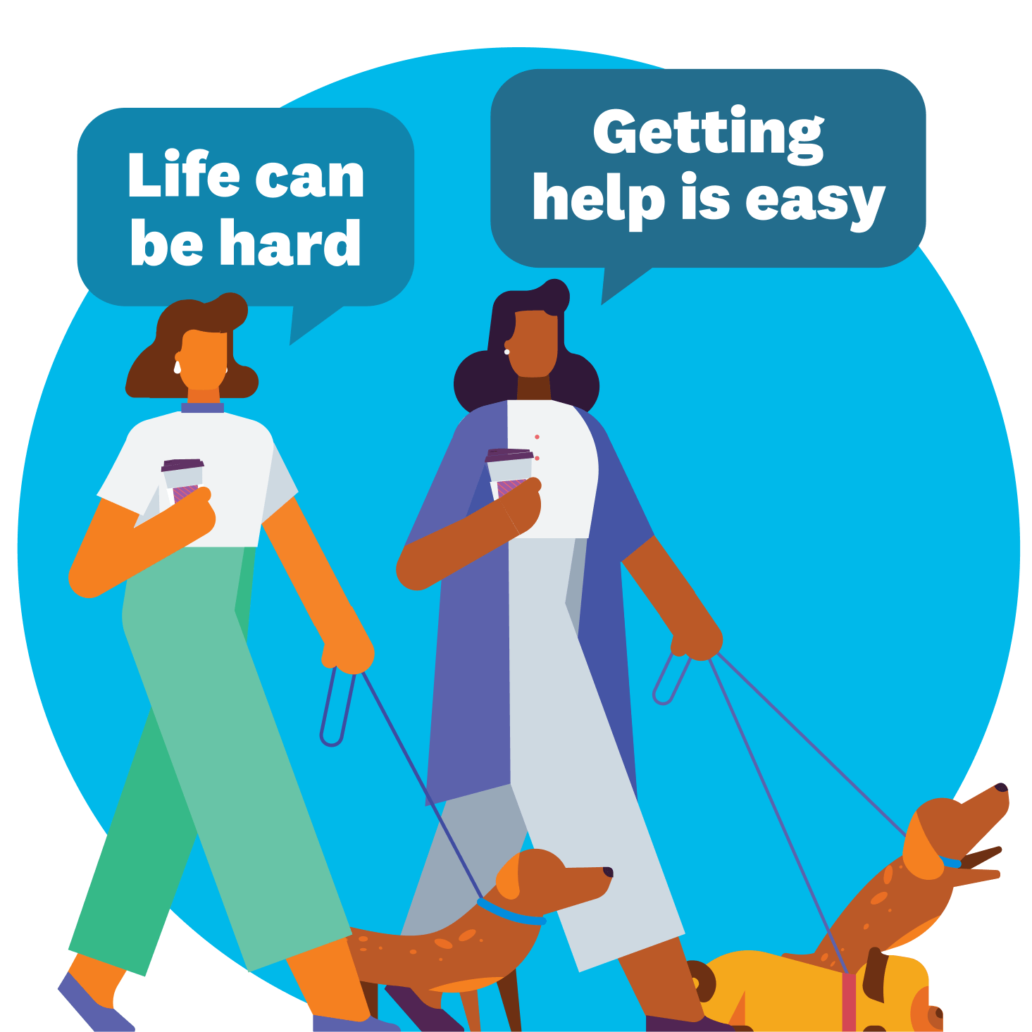Two small business owners walk their dogs. Speech bubbles read, ‘Life can be hard’ and ‘Getting help is easy’.