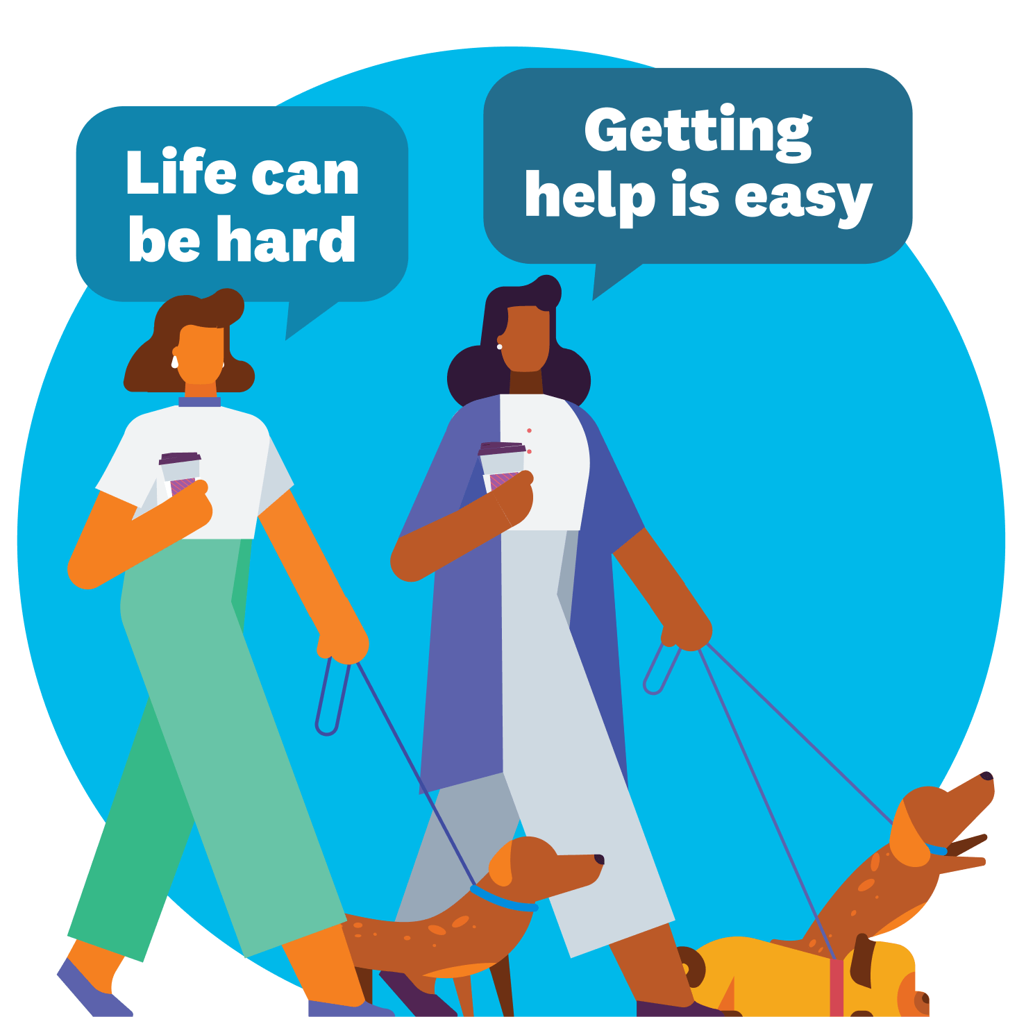 Two small business owners walk their dogs. Speech bubbles read, ‘Life can be hard’ and ‘Getting help is easy’. 