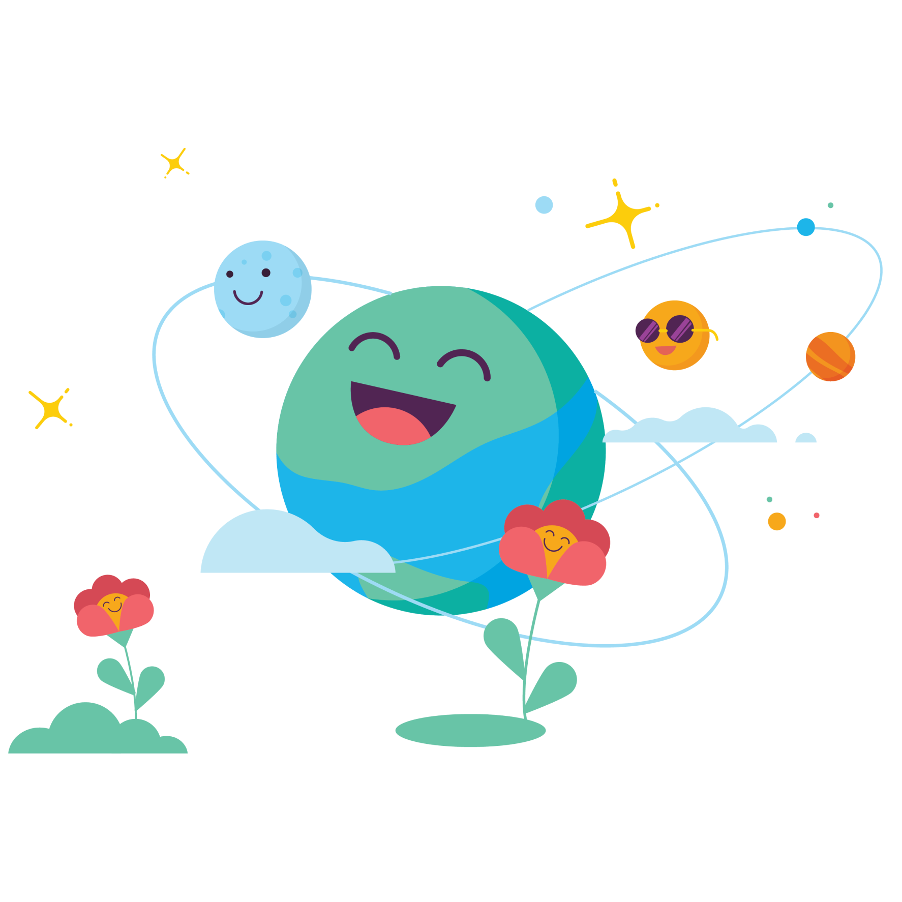 An illustration of flowers, the earth and planets, all with smiling faces.