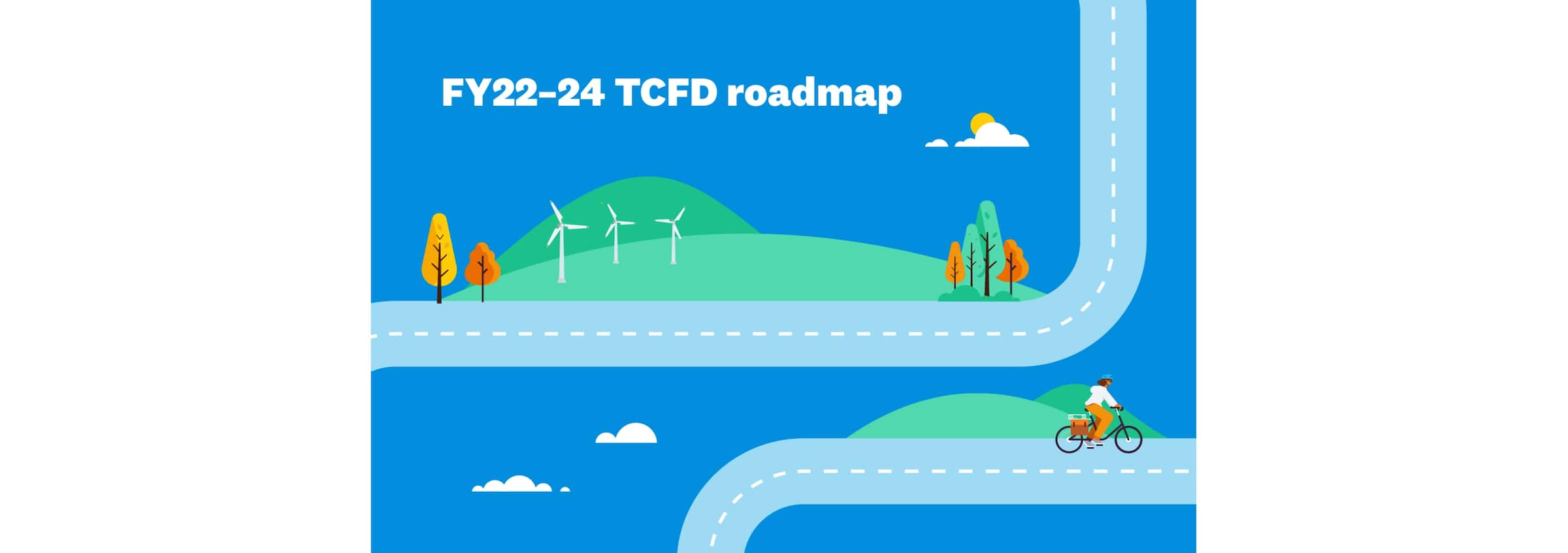 An illustration of a cyclist on a road, with hills, trees and wind turbines along the route.