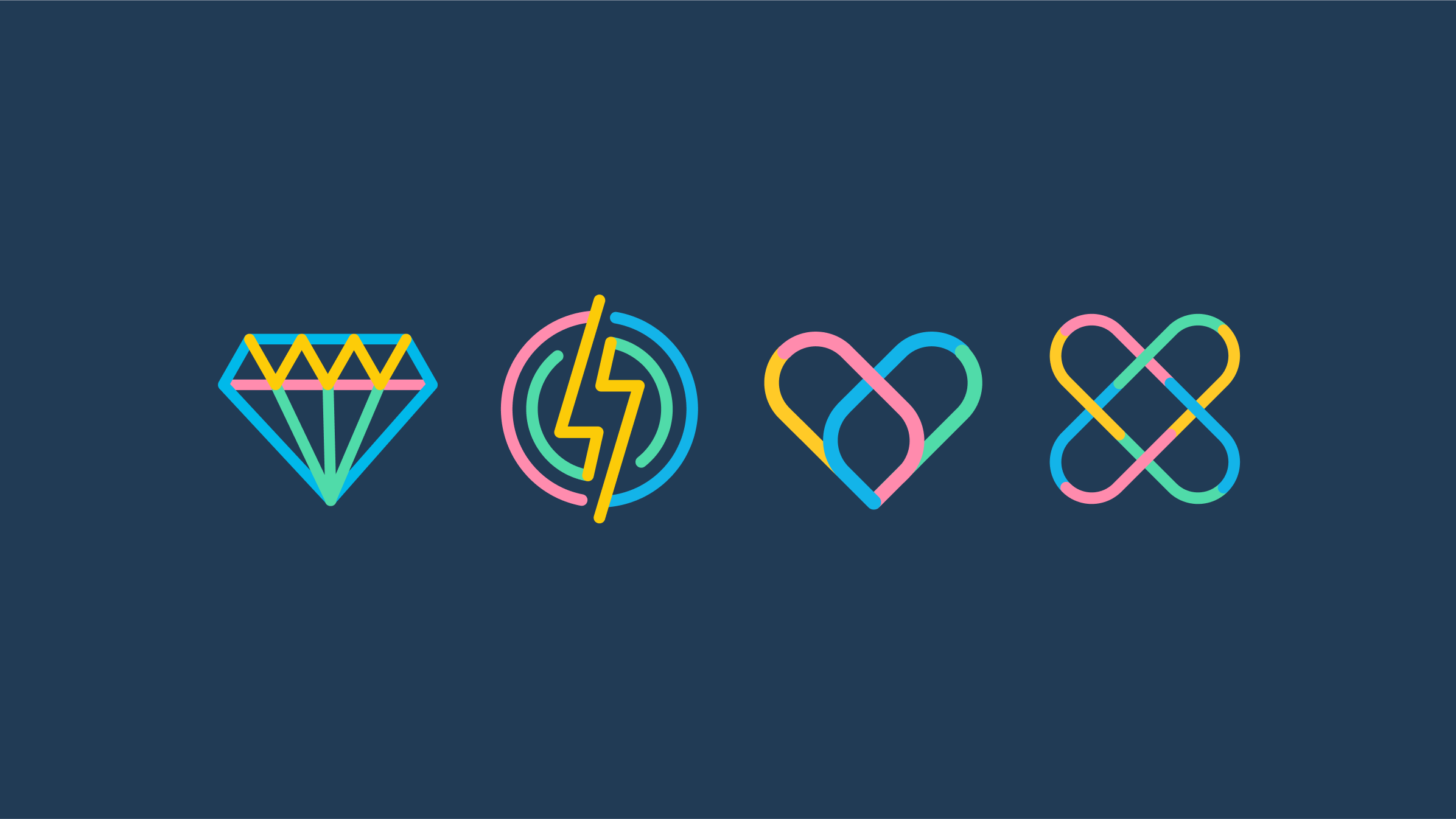 Icons for the four Xero values: make it beautiful, make it happen, make it human, and make it together.