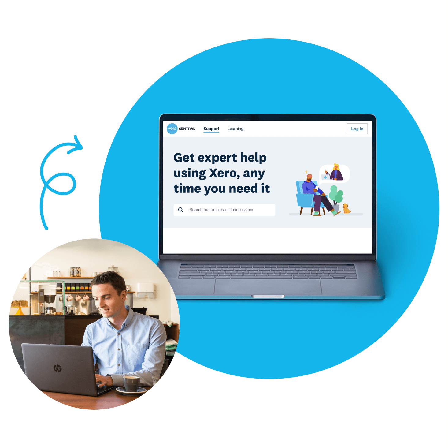 A business owner looks up information about Xero’s support pages on their laptop.