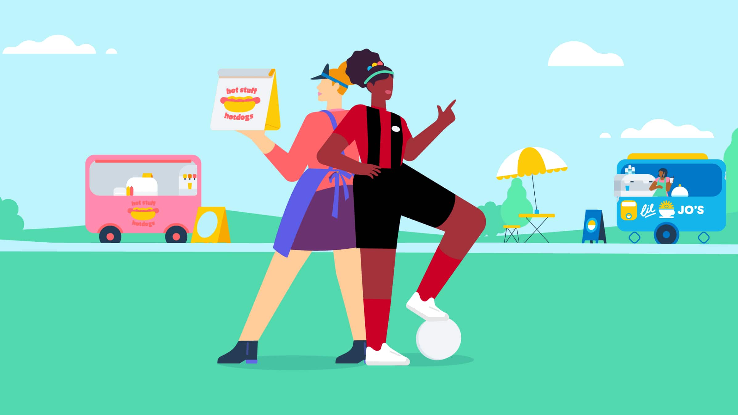 Illustration of Lewes soccer player standing on pitch with local business stalls nearby