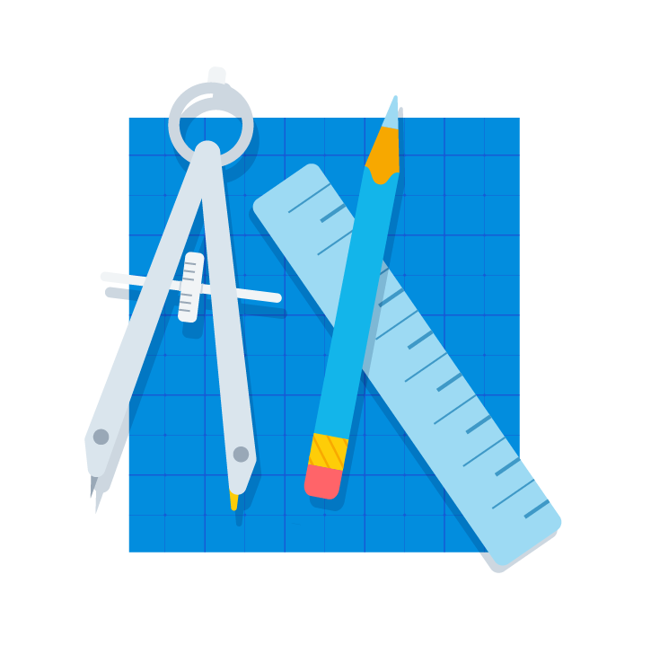 Illustration of a compass, pencil, and ruler on top of a blue blueprint grid, representing tools used for building and design