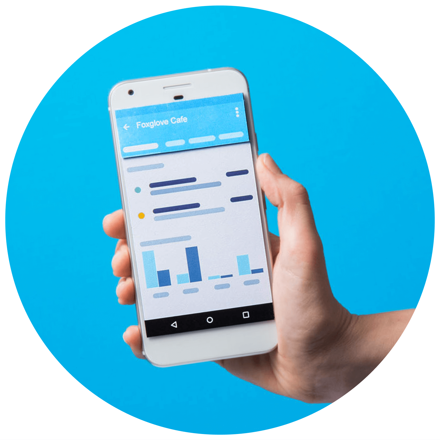 A hand holds a mobile phone showing business activity data for a cafe.