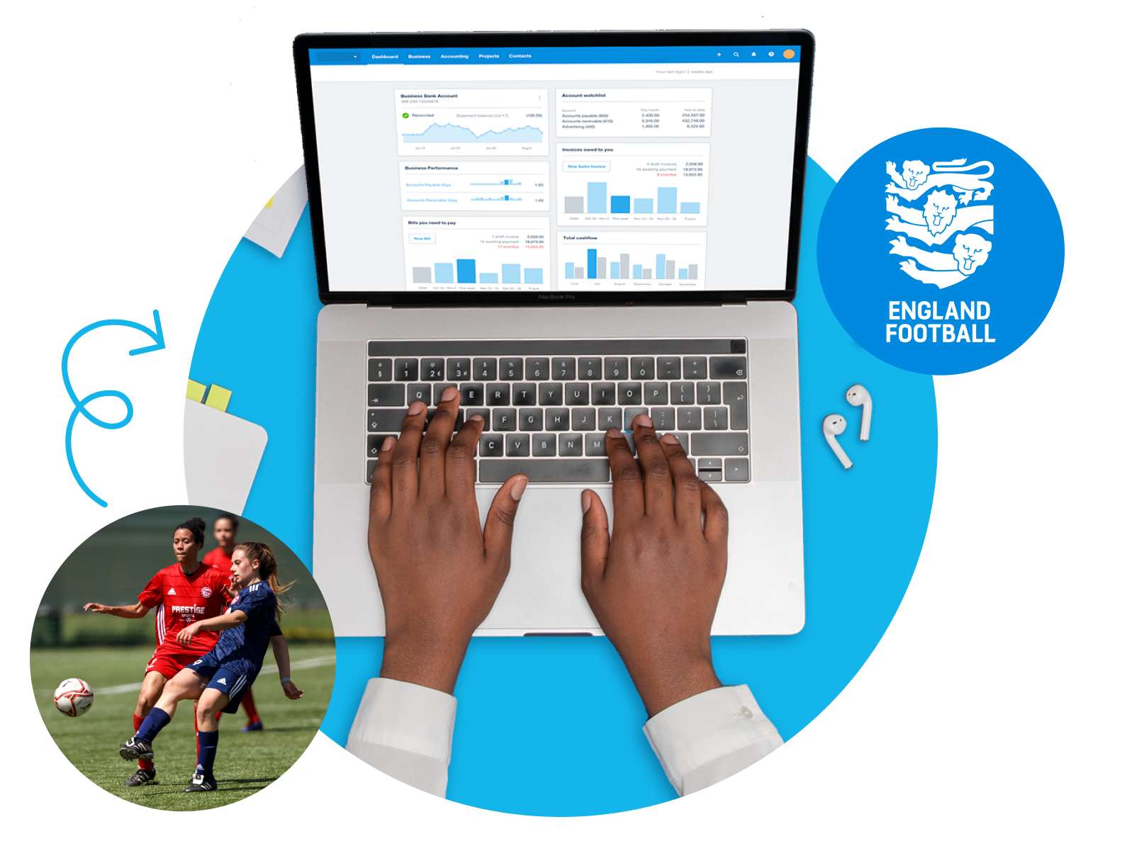 Laptop showing Xero software and football and England logo