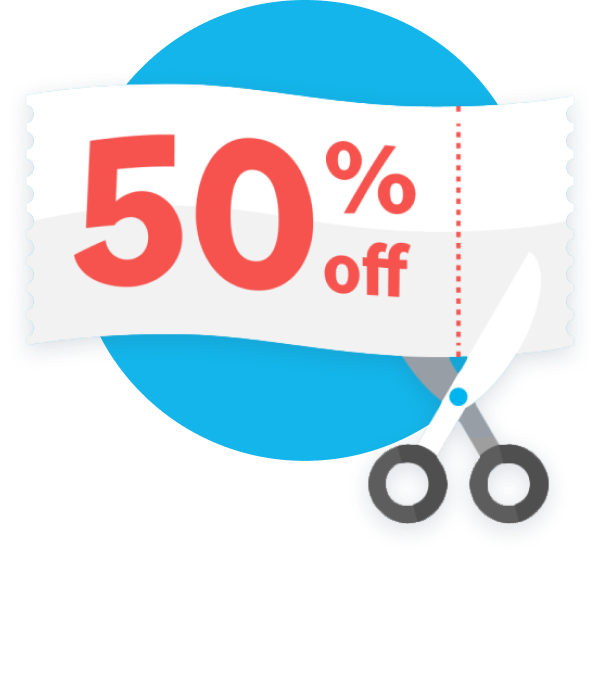 Illustration of scissors cutting 50% off coupon