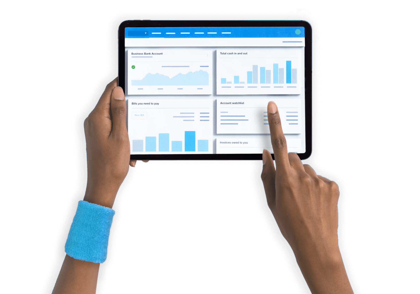 A pair of hands pointing out a Xero bar chart on a tablet device