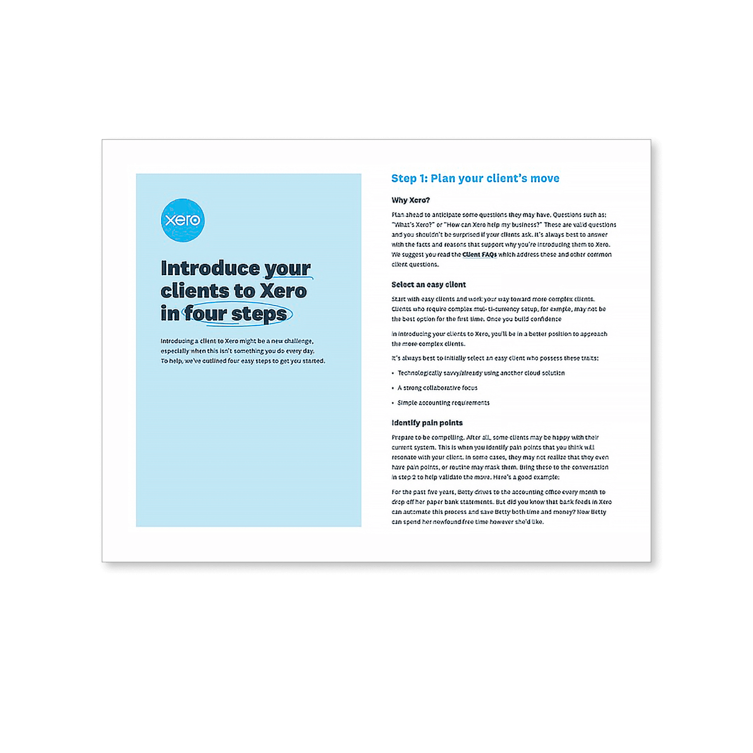 The cover and first page of the ‘Introduce your clients to Xero’ document.