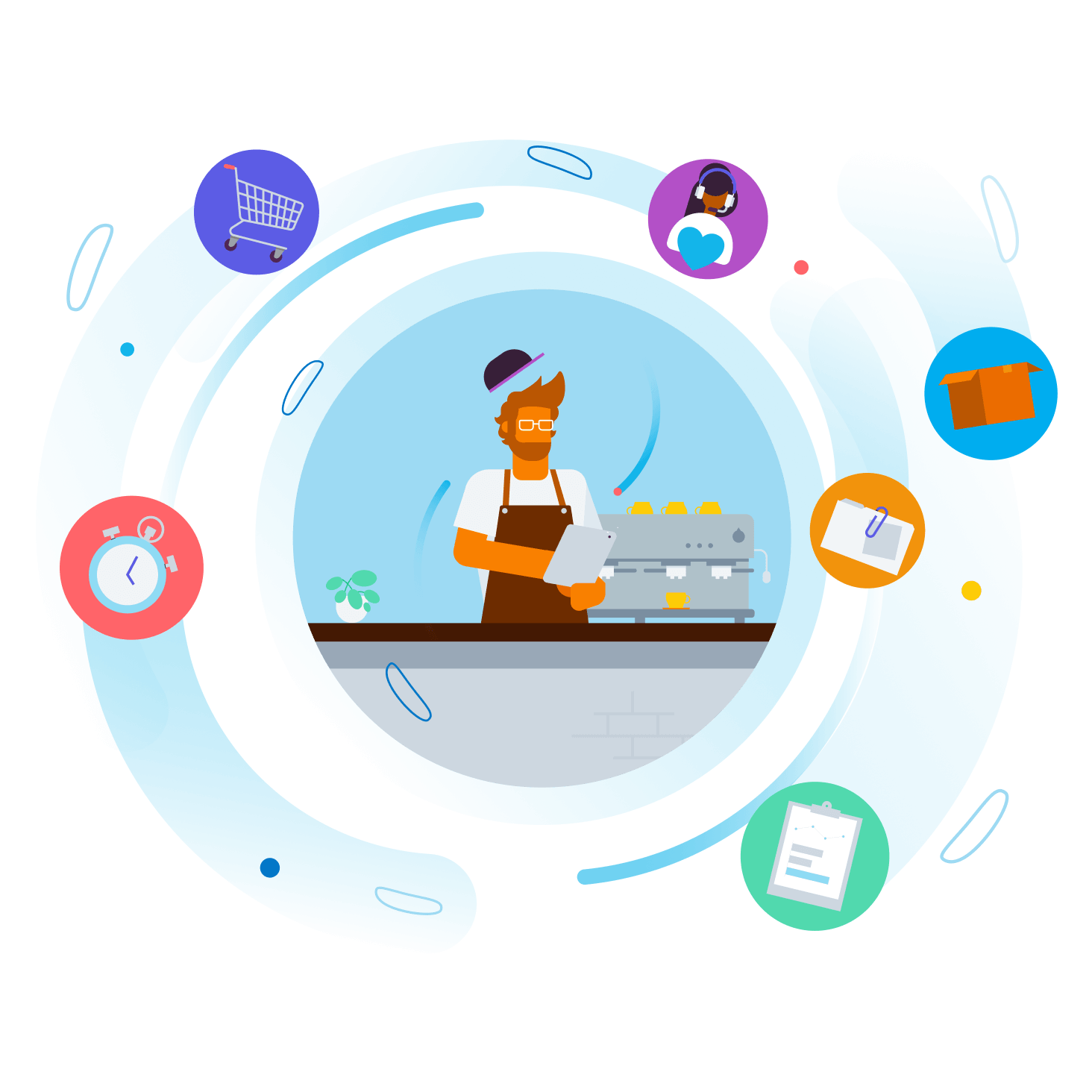 A cafe owner standing at their counter, exploring apps in the Xero App Store.