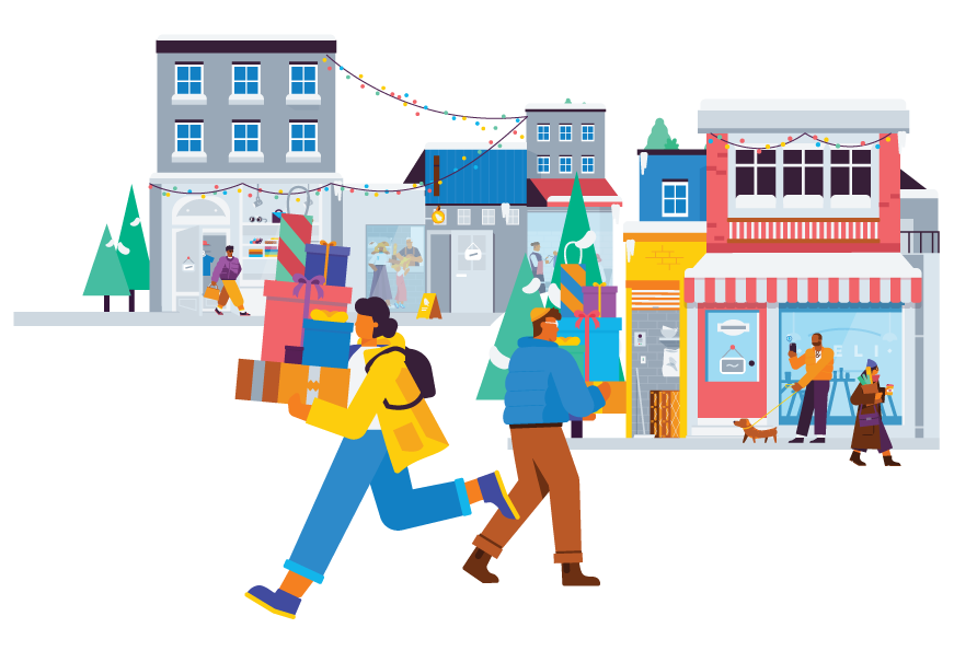 Illustration of snowy outdoor holiday shopping