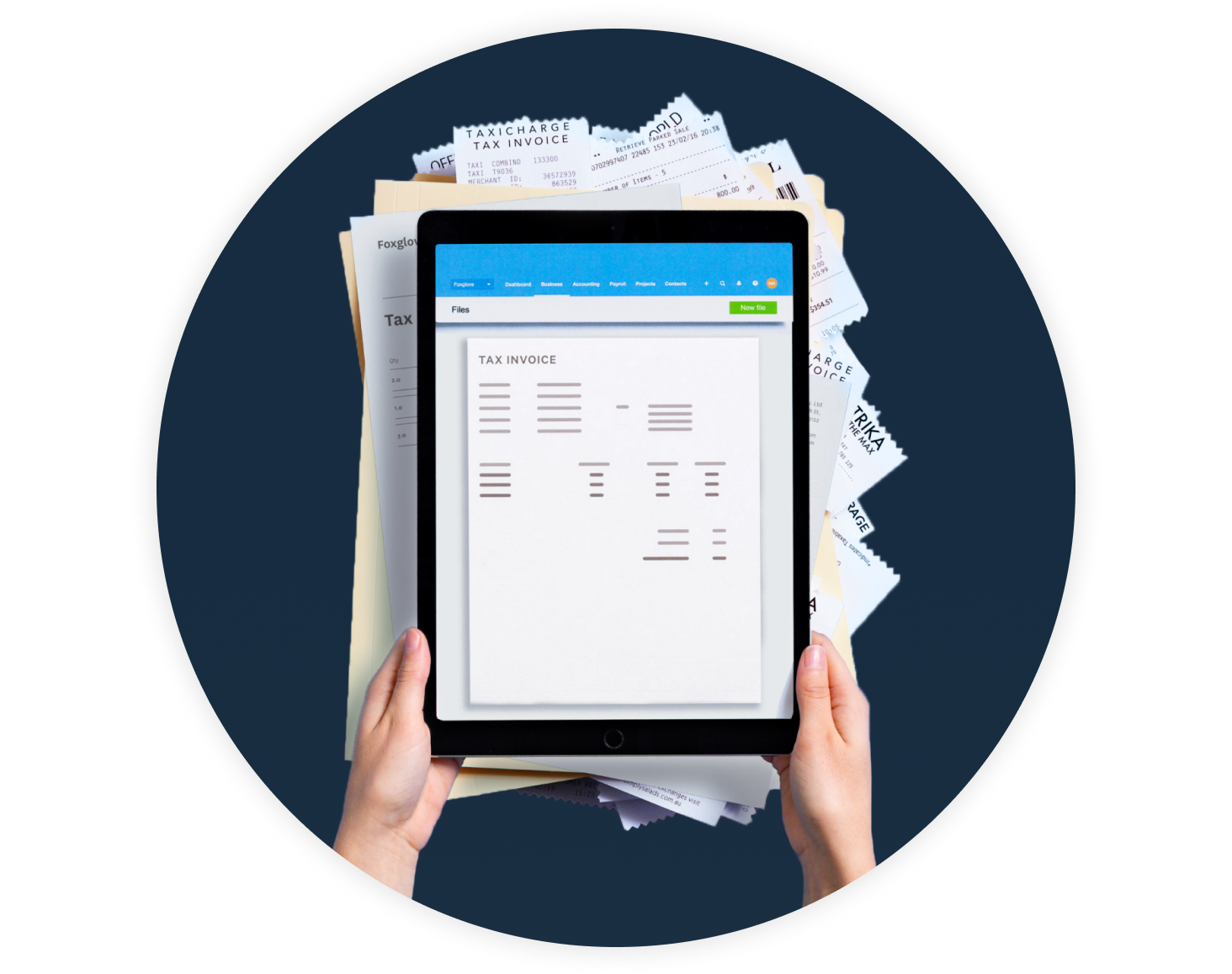 Hands holding iPad with Xero UI