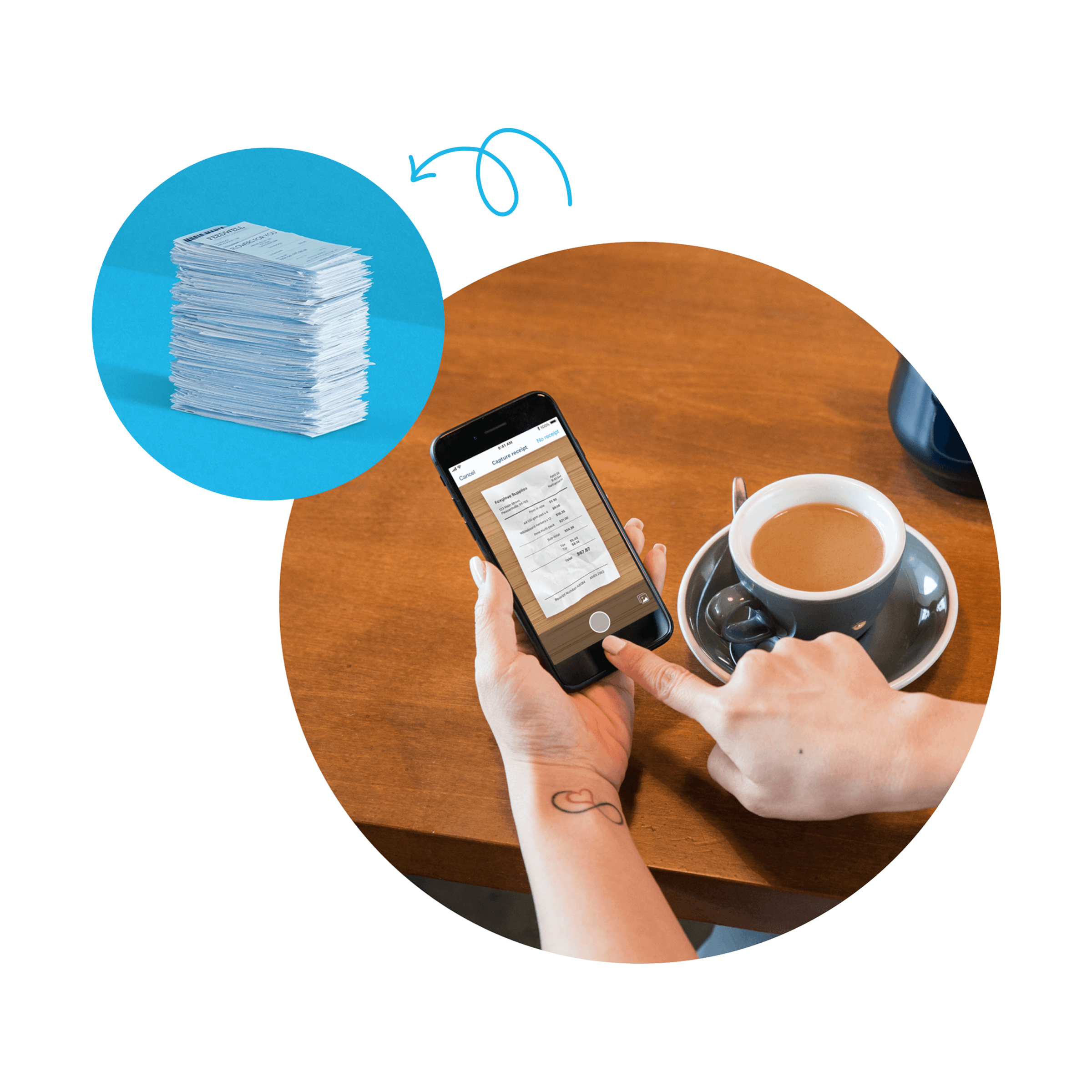 A stack of paper receipts representing an manual reimbursement is replaced by digital expense management software