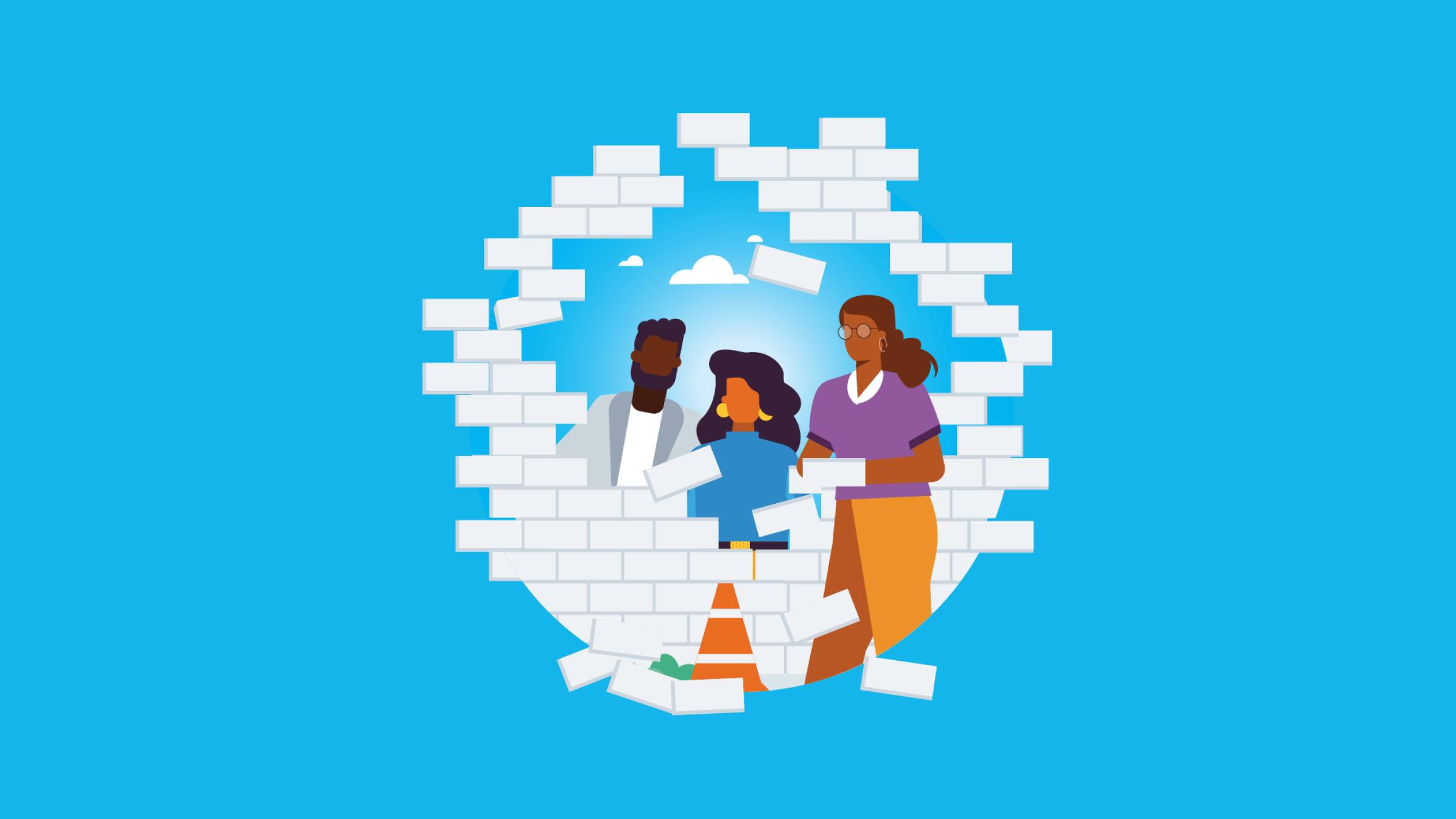 Two people break through a brick wall guided by their accountant.