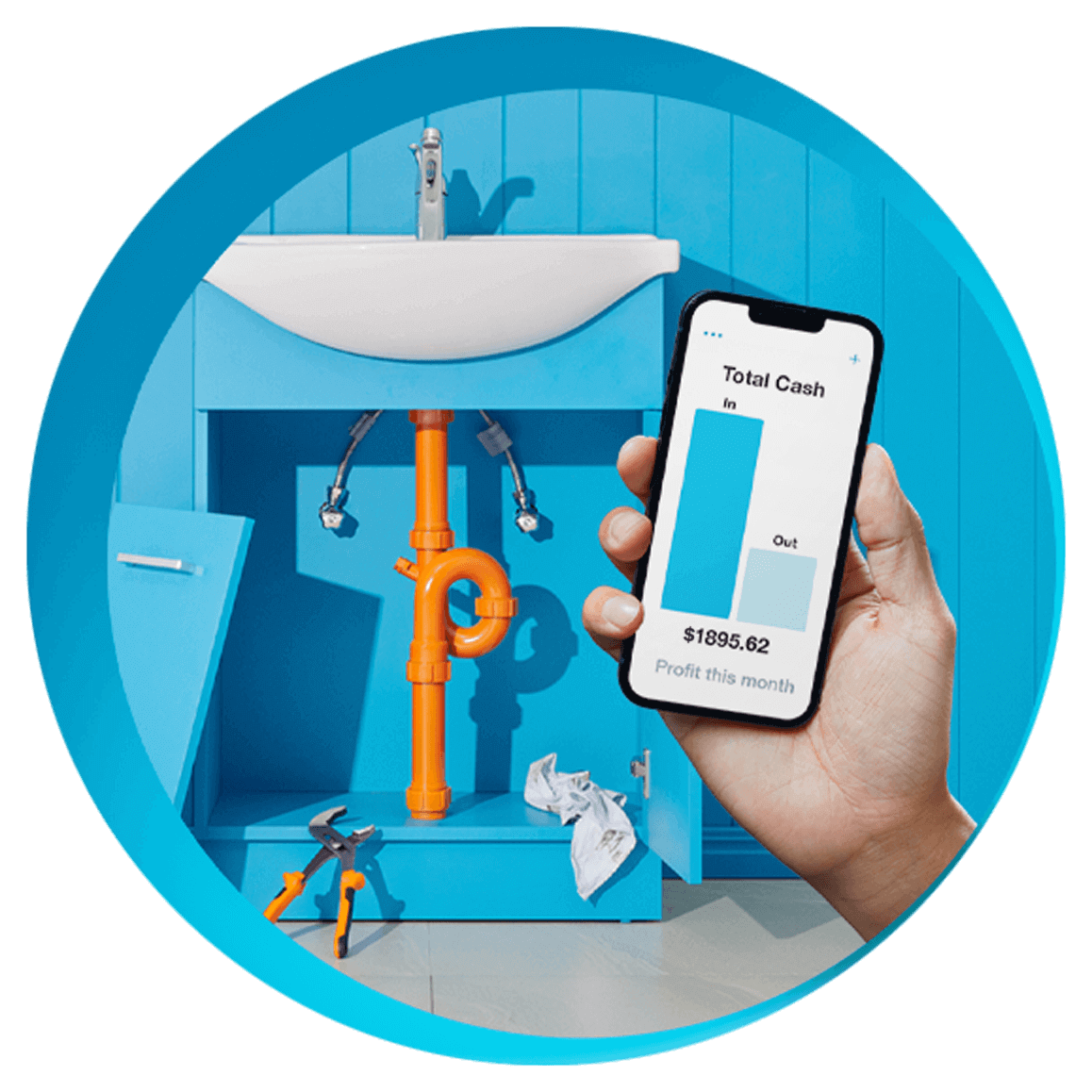 Hand holding phone with Xero app, in front of a bathroom sink under construction