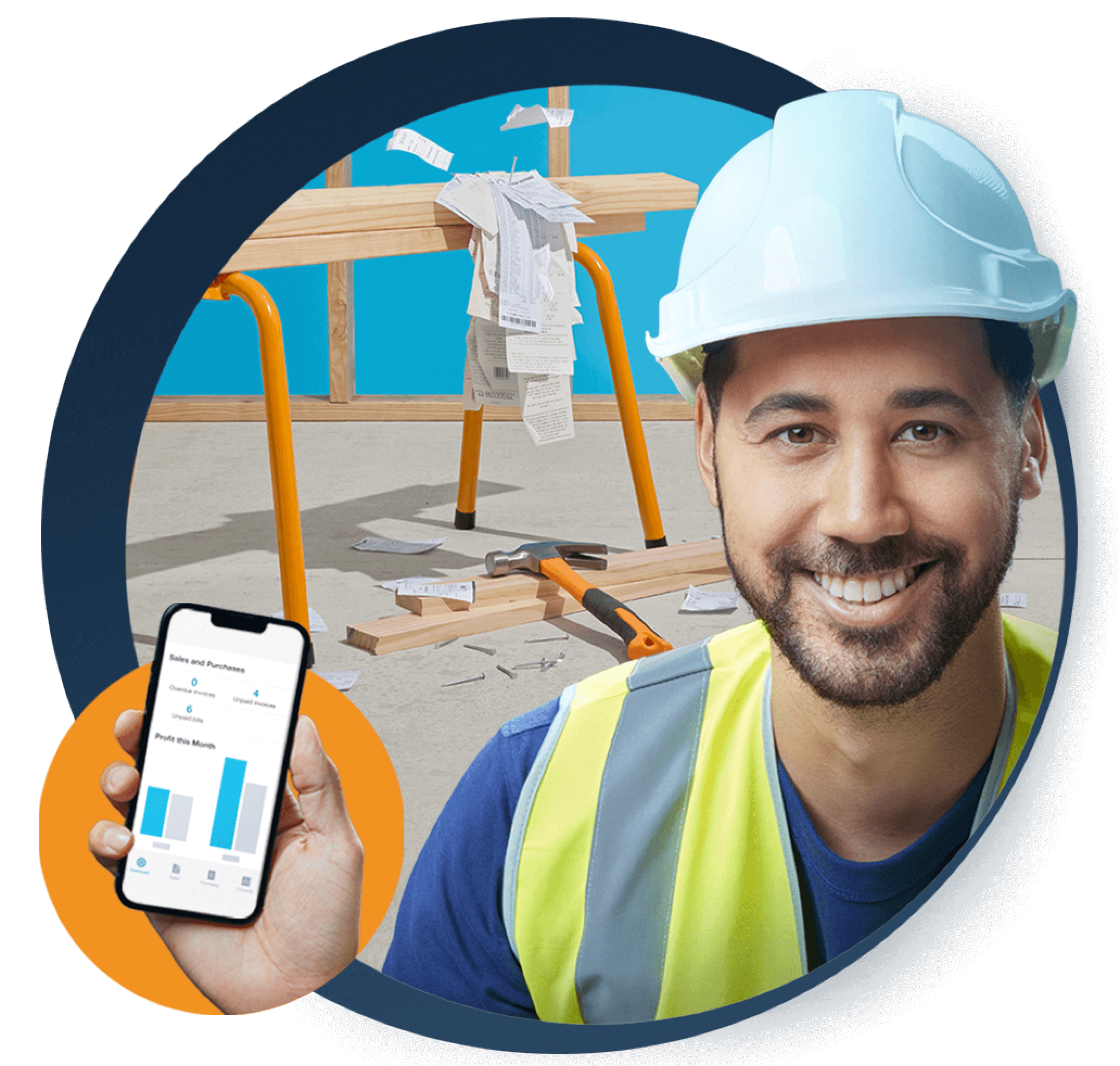 Construction working standing in front of a construction site and smiling, with a hand holding up a phone with the Xero app