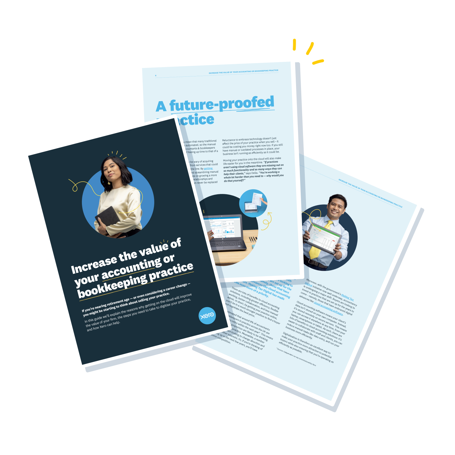 Three pages of guide spread across white background