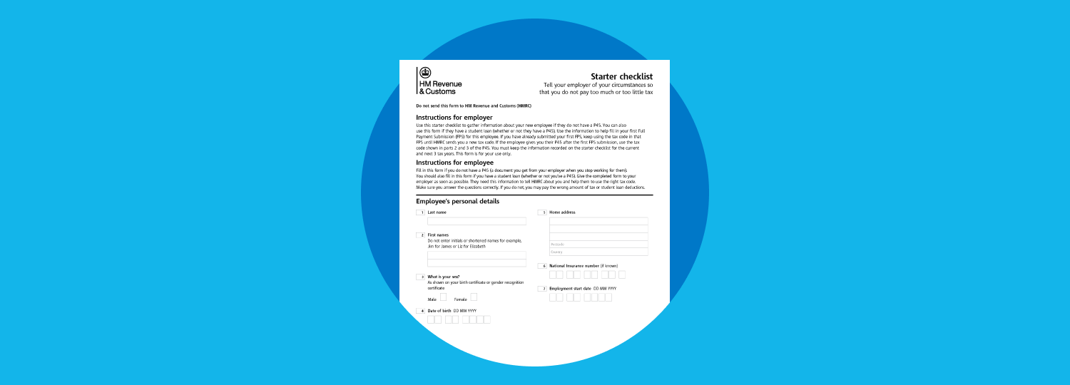 HMRC document known as the starter checklist shown emerging from a plain blue background