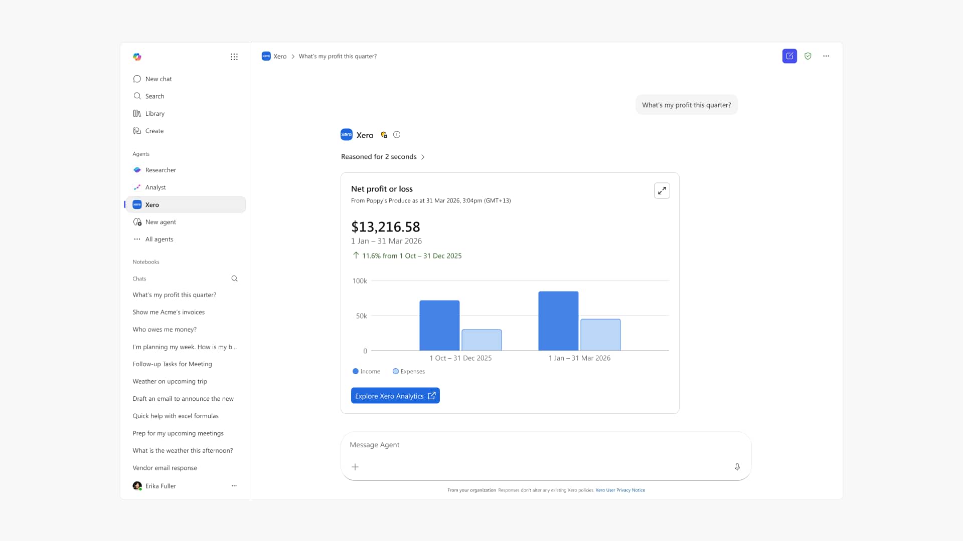 Copilot answering a profit question using live Xero P&L data