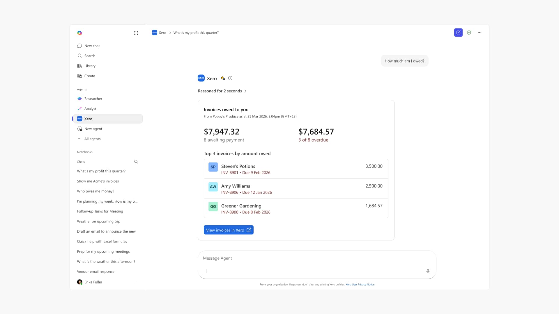 Copilot answer with a deep link into the matching invoice inside Xero