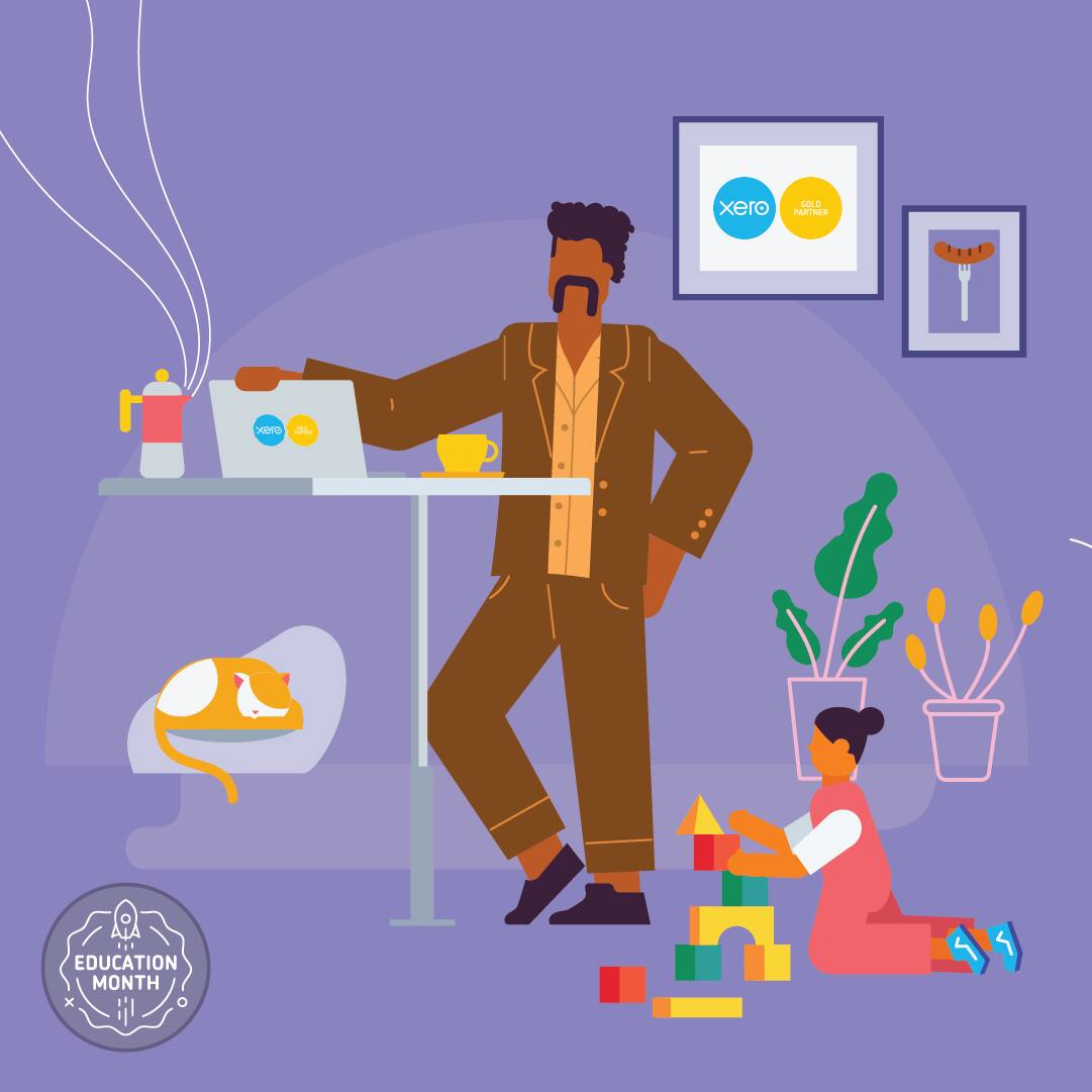 Illustrated person working at desk child plays underneath them.