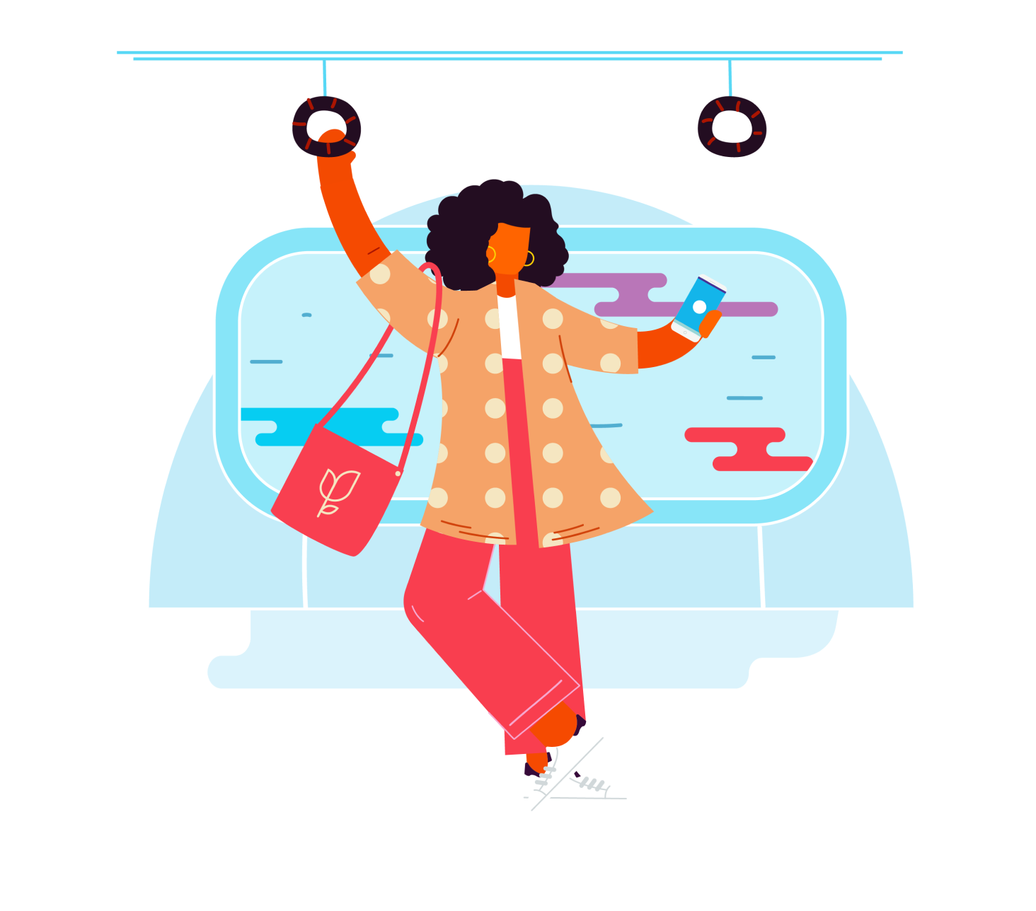 Illustration of woman standing on transit, looking at Xero on mobile phone