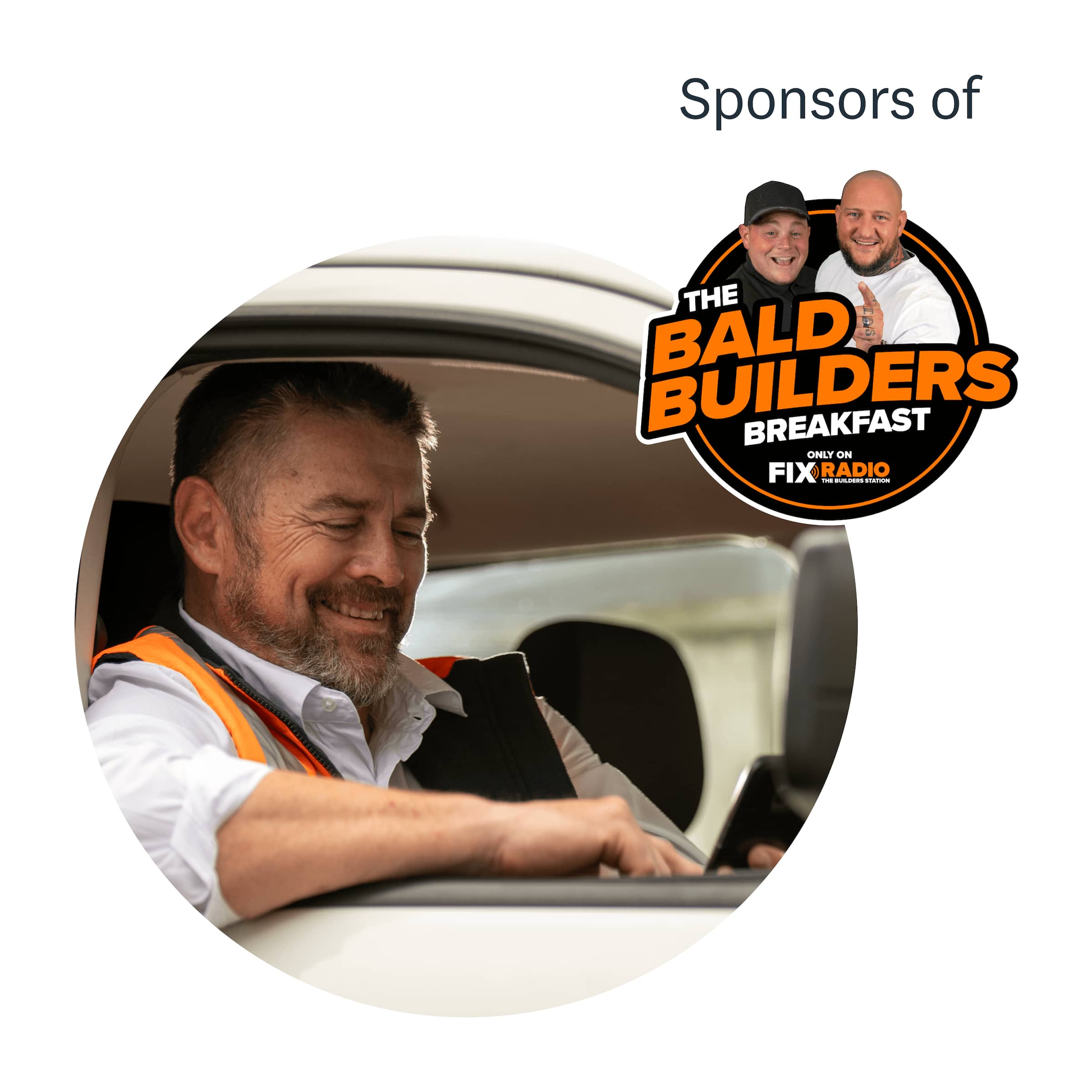 A picture of the hosts of The Fix radio station and a tradie driving a car