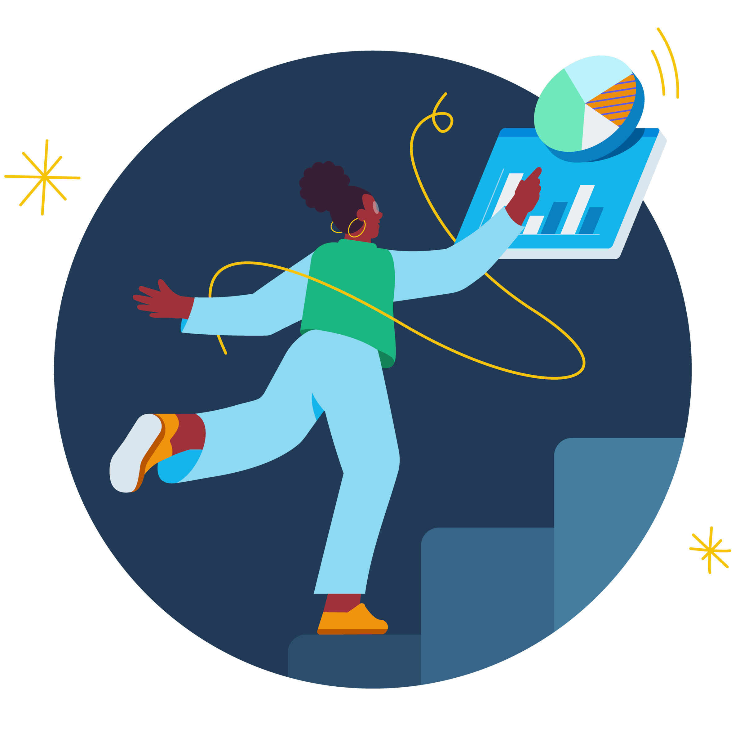 Illustration of a woman climbing stairs while pointing to a computer screen displaying charts.