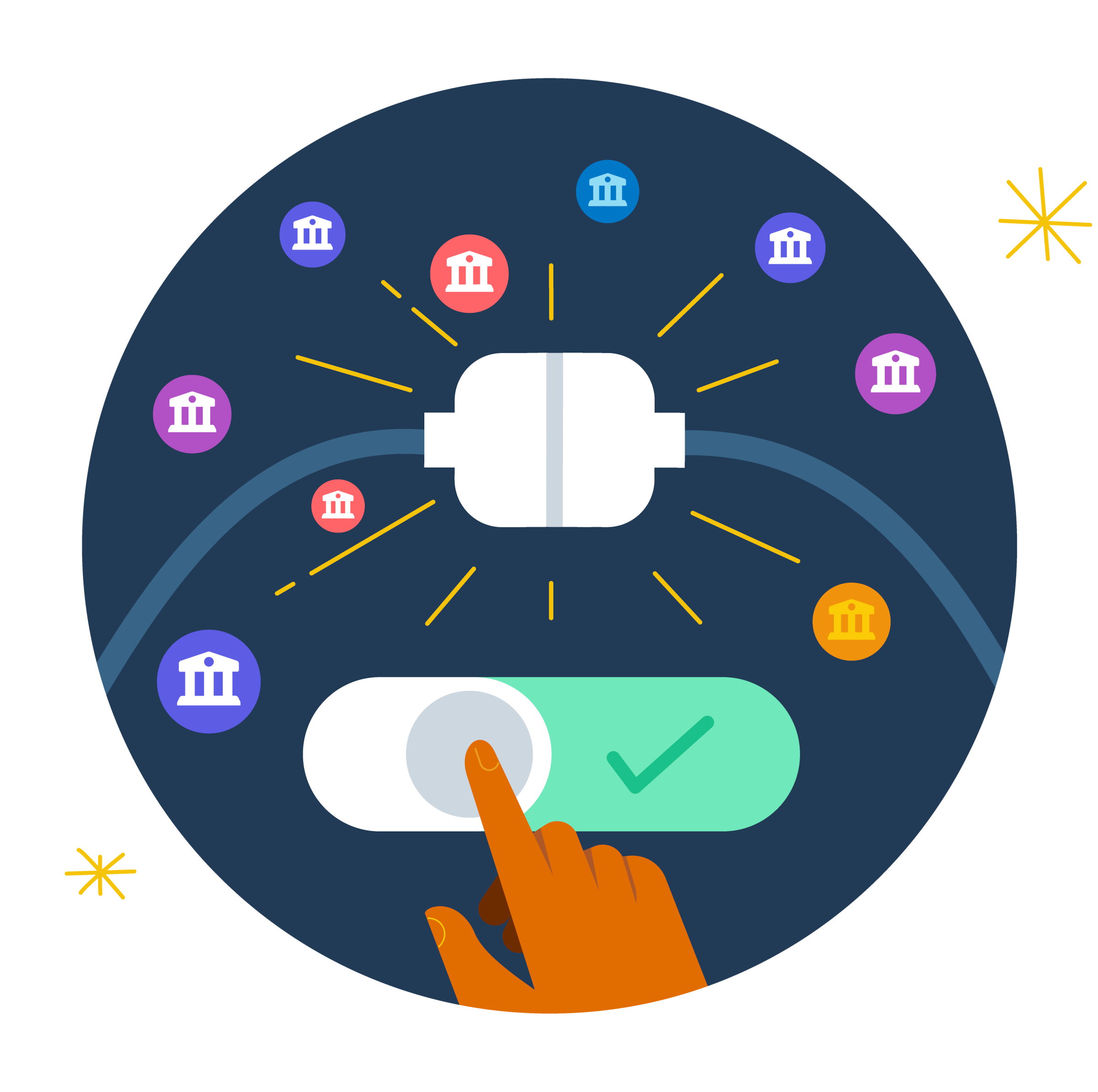 Illustration showing two cables connecting, surrounded by bank icons with a toggle switch turned on.