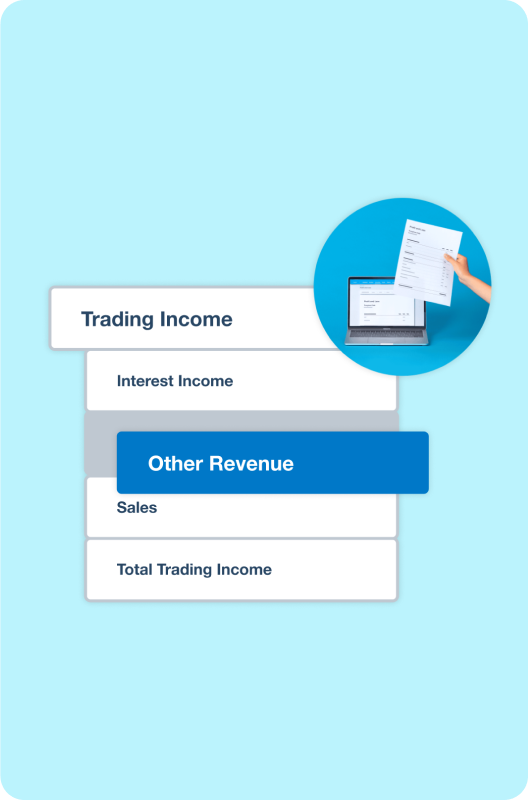 A drop-down menu beside someone holding a paper invoice next to a laptop using Xero’s inventory and invoicing software.