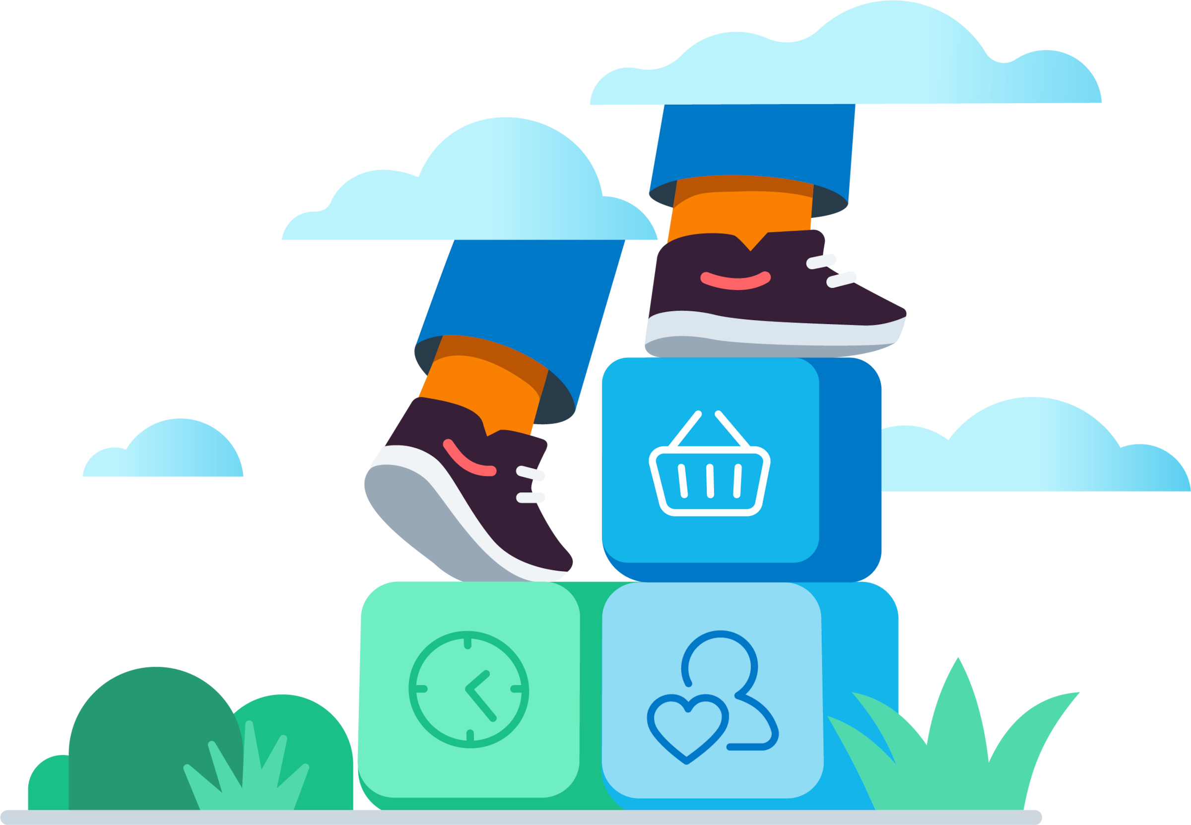 Two feet climb up building blocks that illustrate areas of small business inventory and invoicing. 