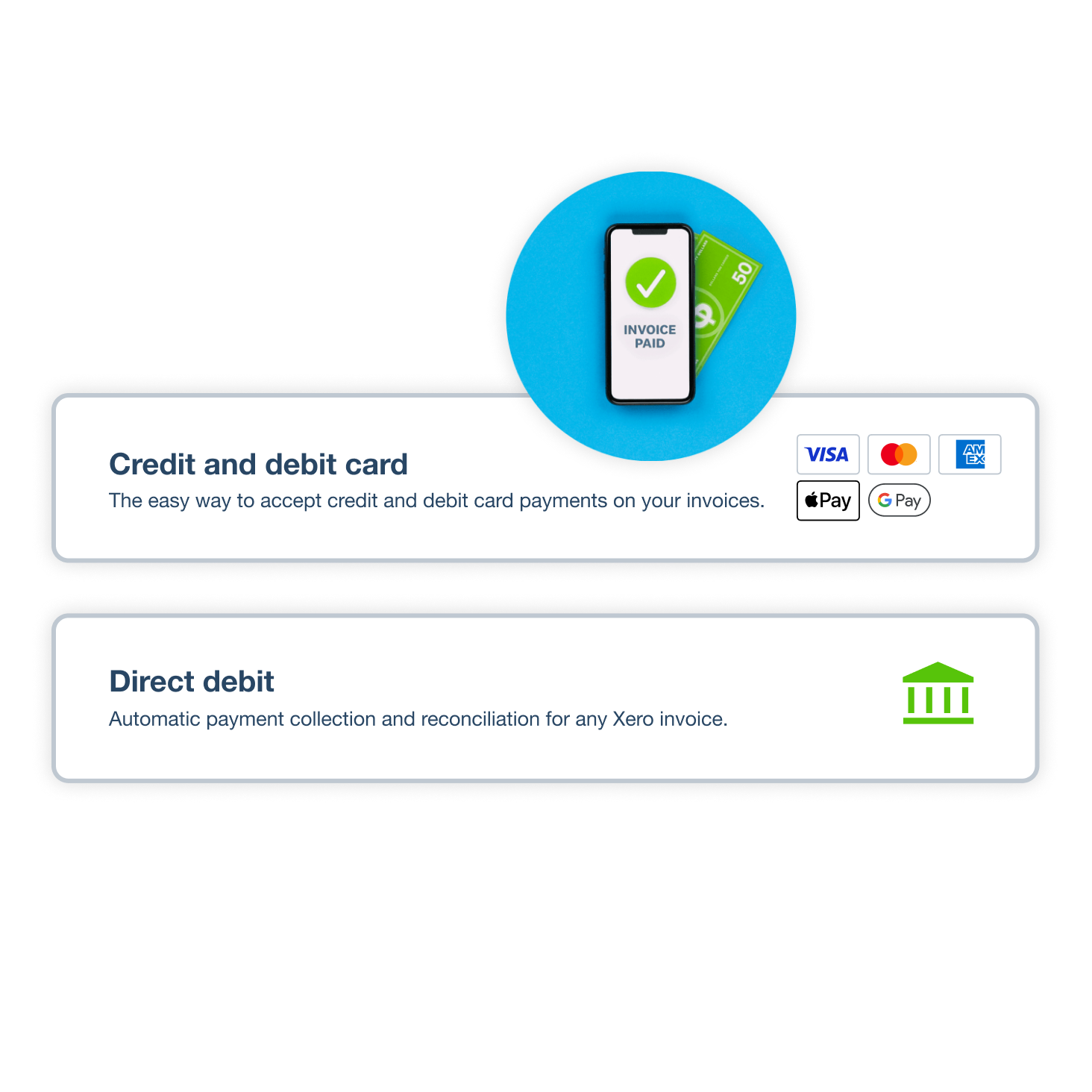 A customer pays using their invoice app, and chooses whether to make a credit or debit card, or direct debit payment.