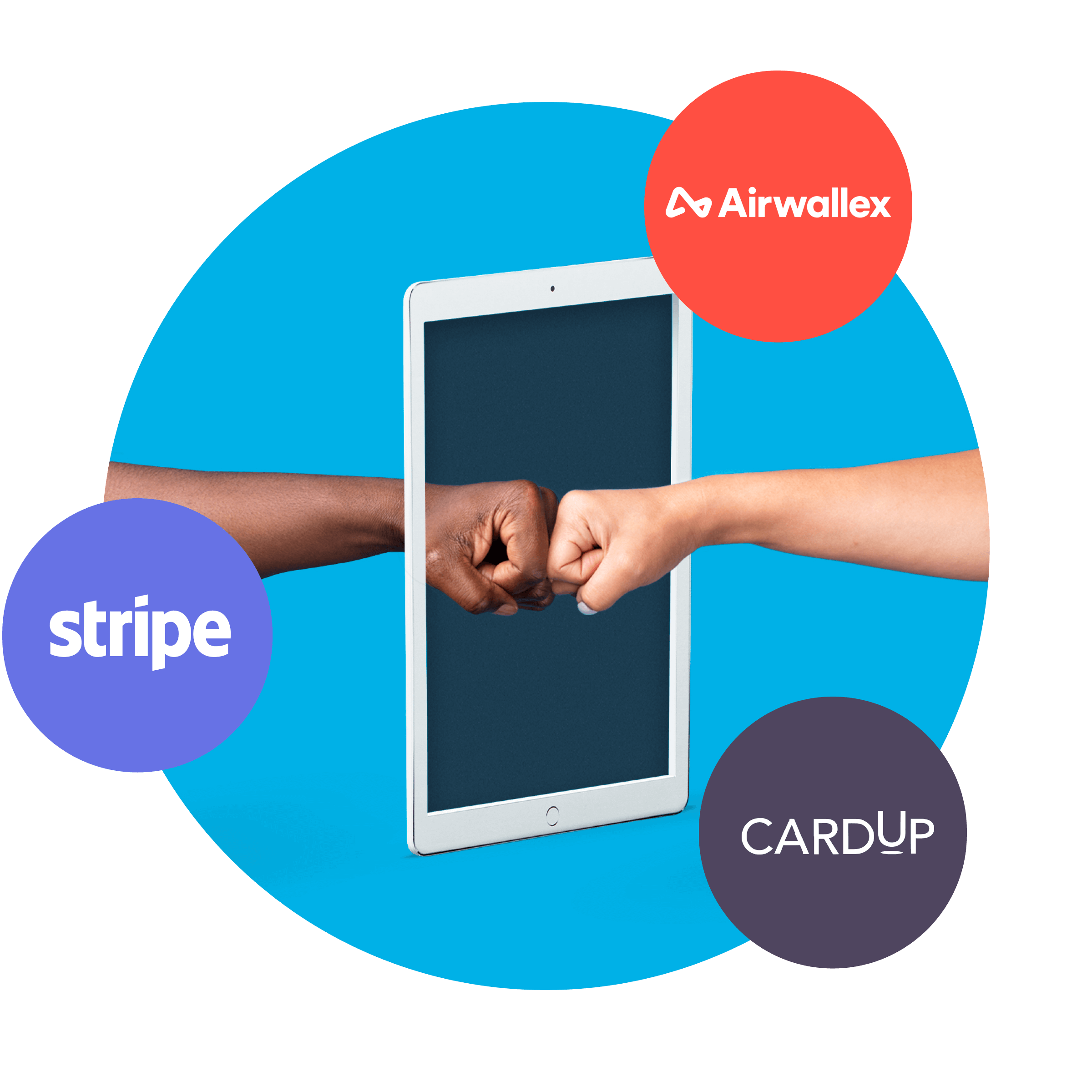 Photo of two hands fistbumping through an iPad with the Stripe and RMS icons around it