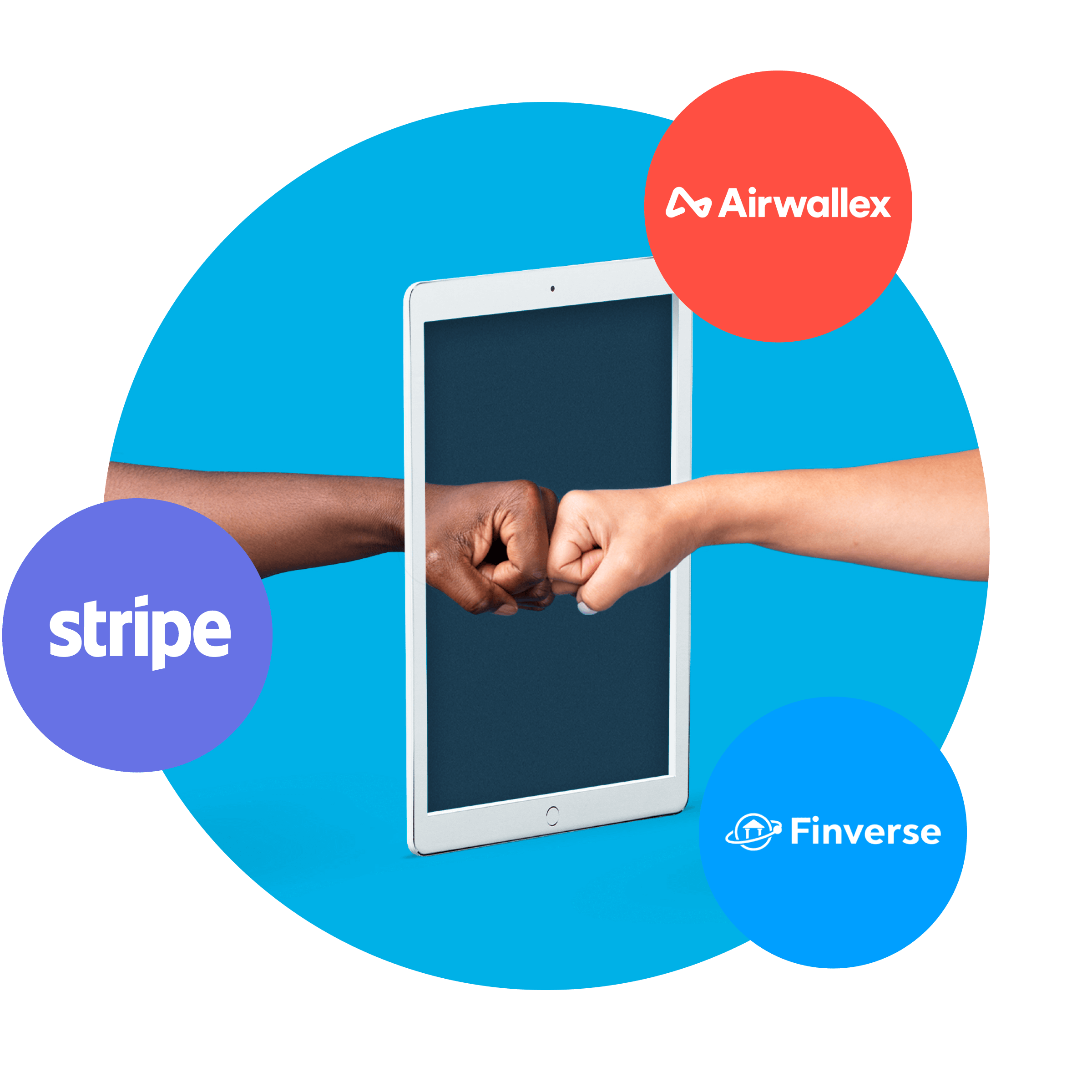 Photo of two hands fistbumping through an iPad with the Stripe and GoCardless icons around it