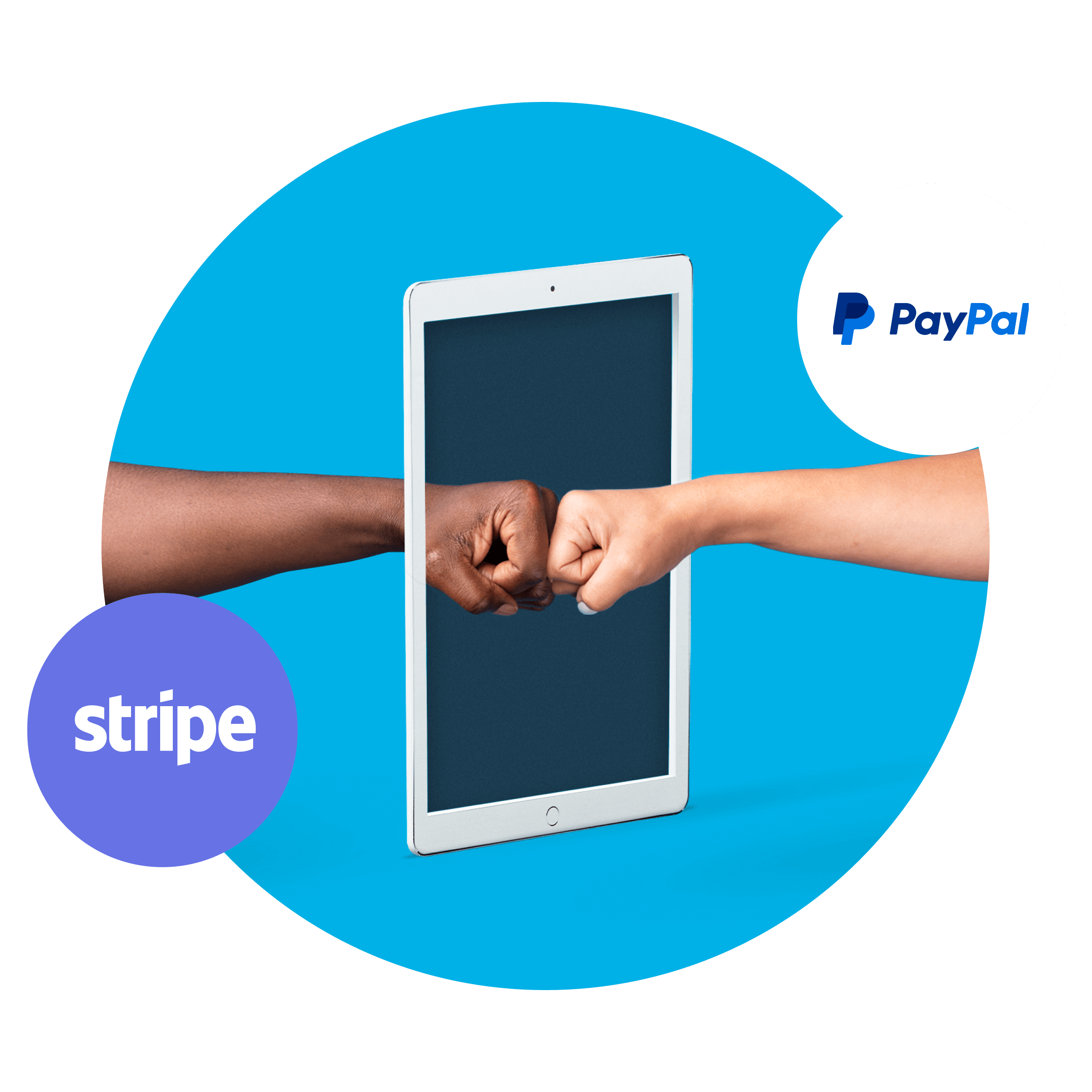 Photo of two hands fistbumping through an iPad with the Stripe and GoCardless icons around it