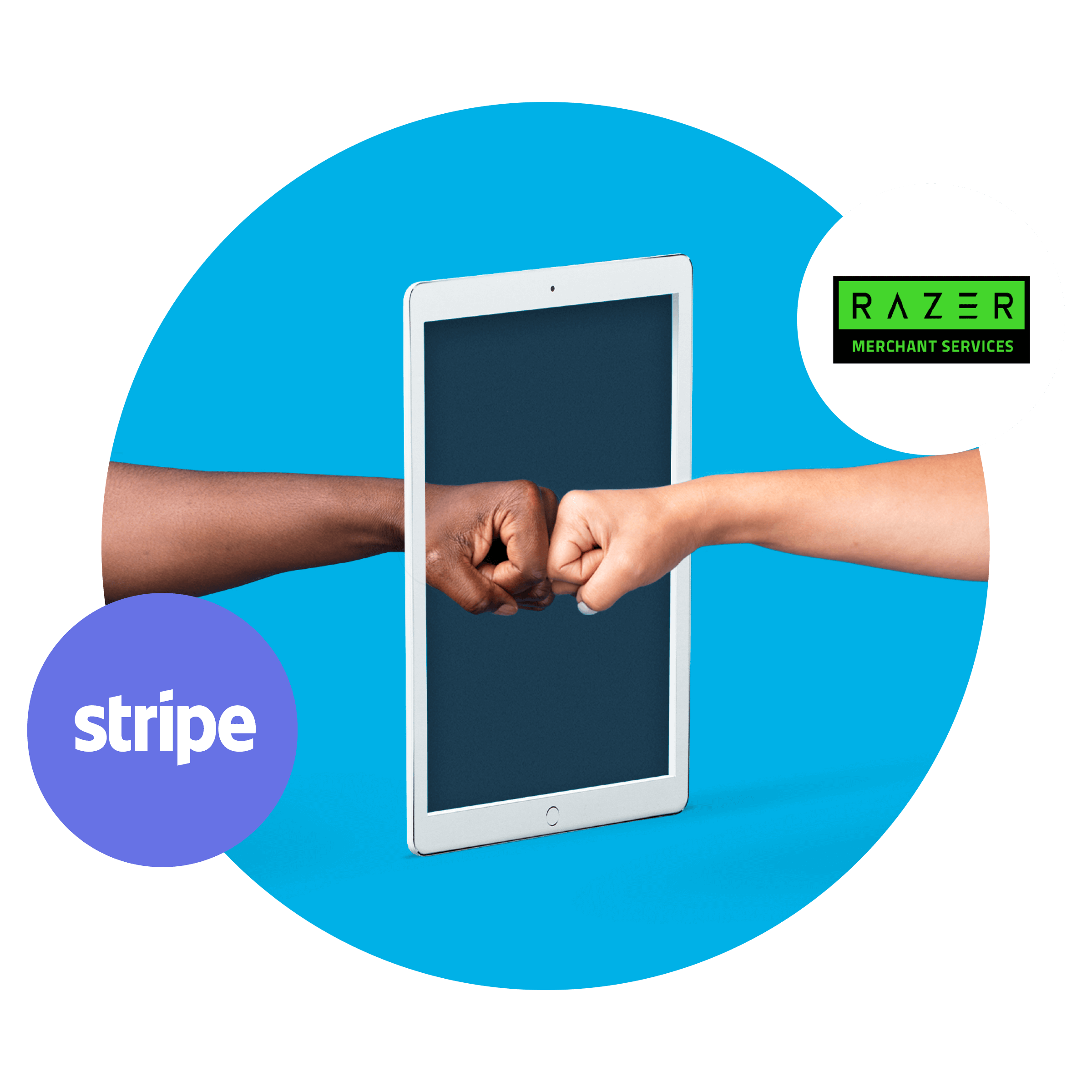 Photo of two hands fistbumping through an iPad with the Stripe and RMS icons around it