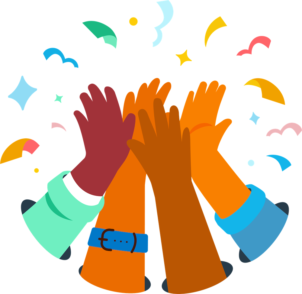 A graphic illustration of four hands high-fiving in a group.
