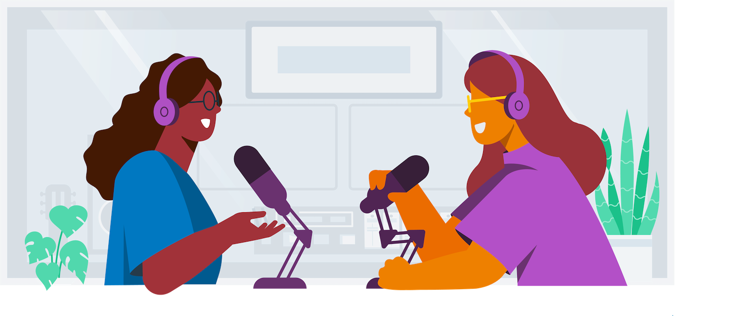 A graphic illustration of two people recording a podcast.