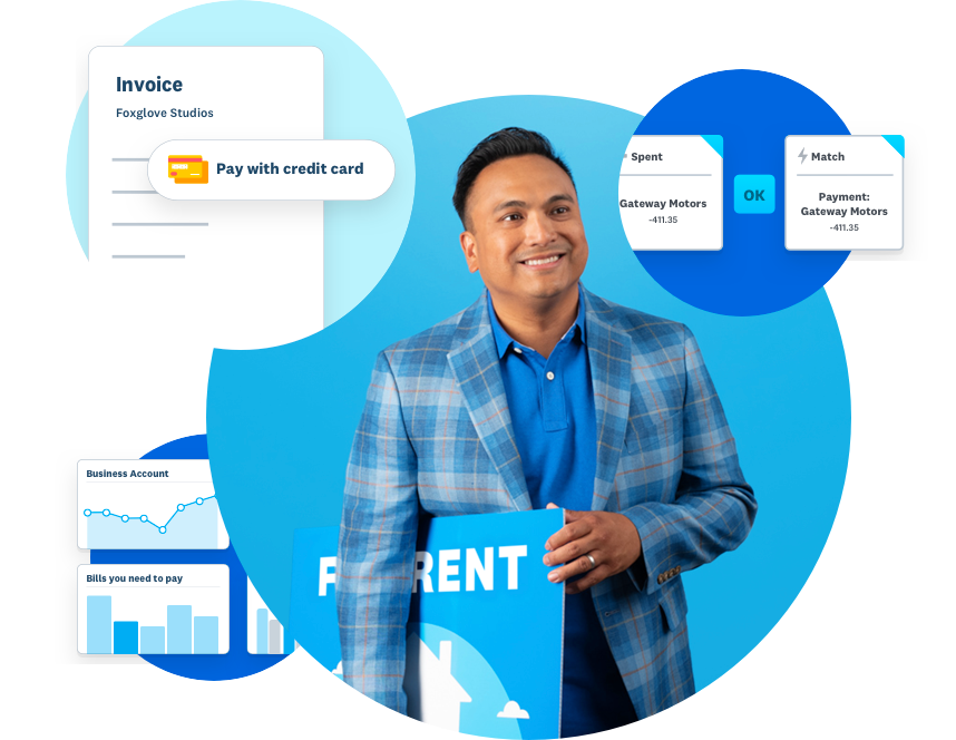 Man holding a 'for rent' banner, surrounded by Xero features in circles.