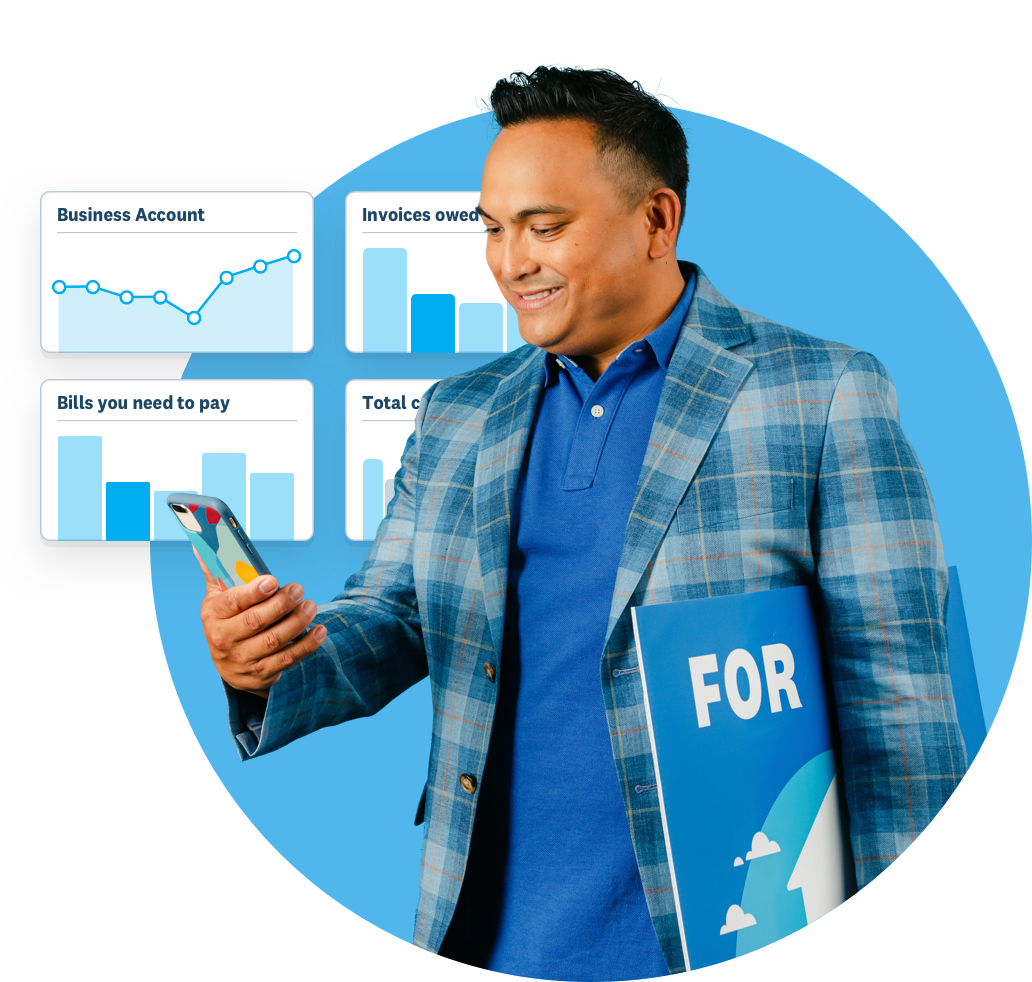Man holding a 'for sale' banner, surrounded by Xero features in circles.