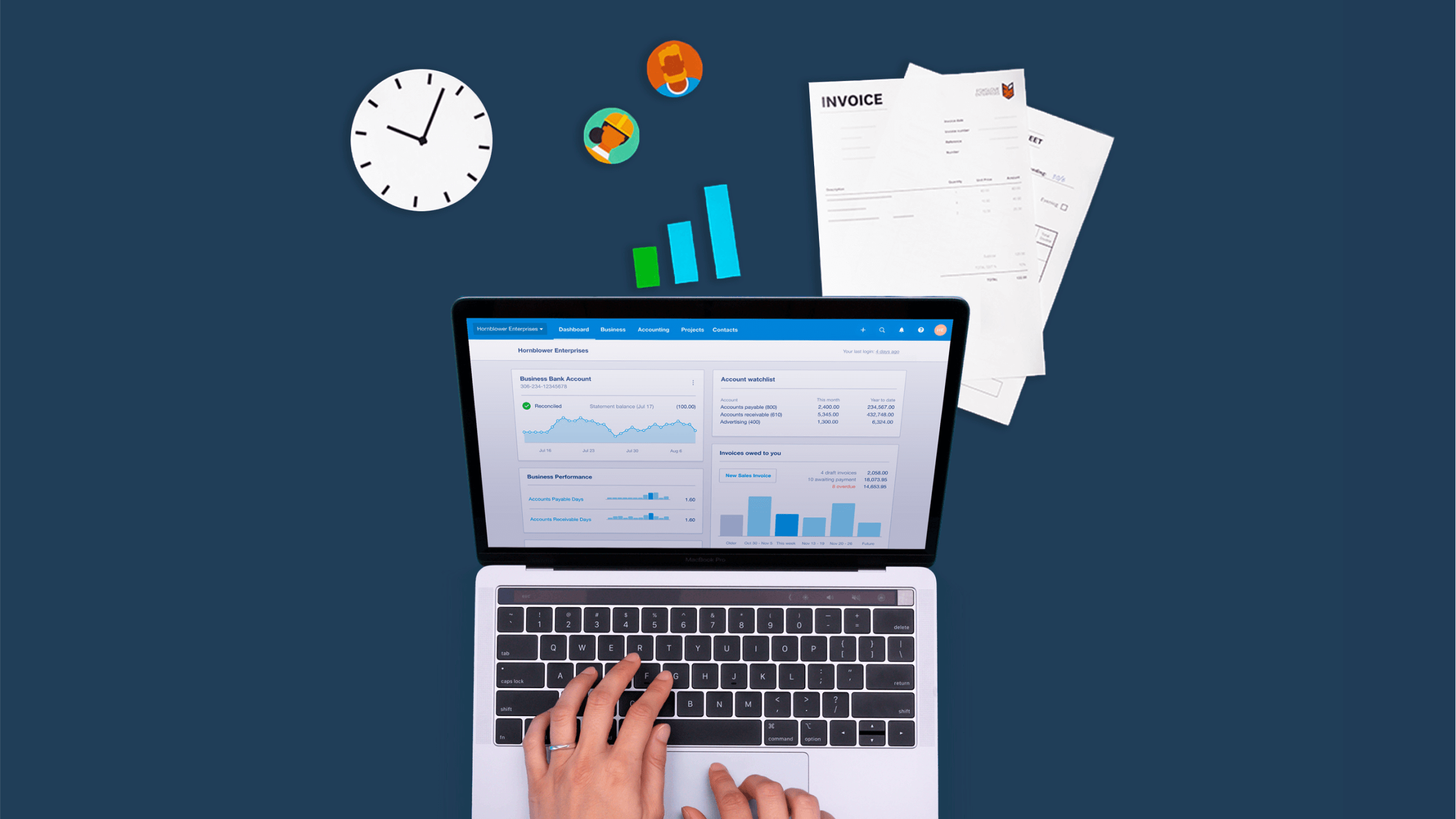 A practice administrator enters client invoices into Xero on a laptop.