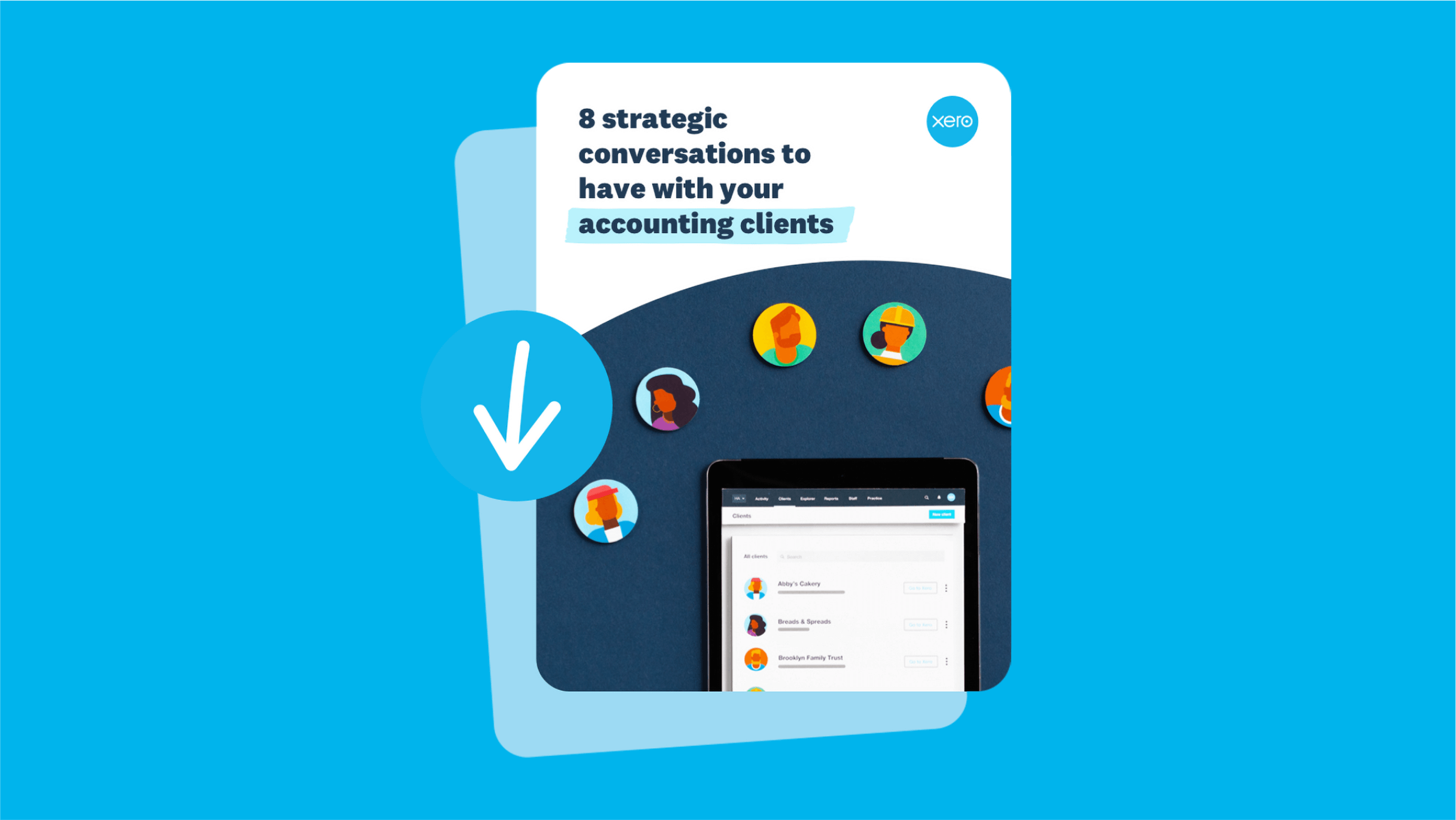 The checklist of eight strategic conversations to have with clients is being downloaded on a mobile phone.