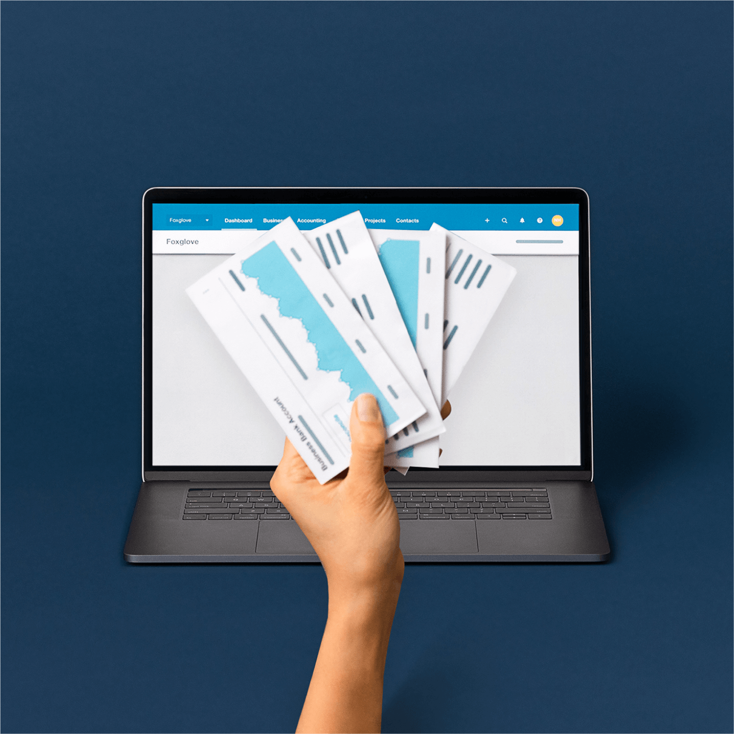 A hand holding illustrations of graphs in front of an open laptop depicts Xero’s survey to gauge practice performance.