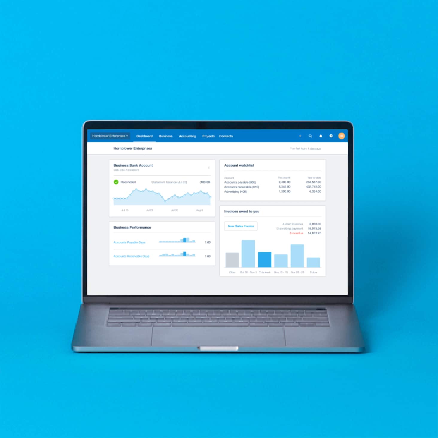 The Xero dashboard on a laptop shows bank balances, the amount of invoices owed, and an accounts watchlist.