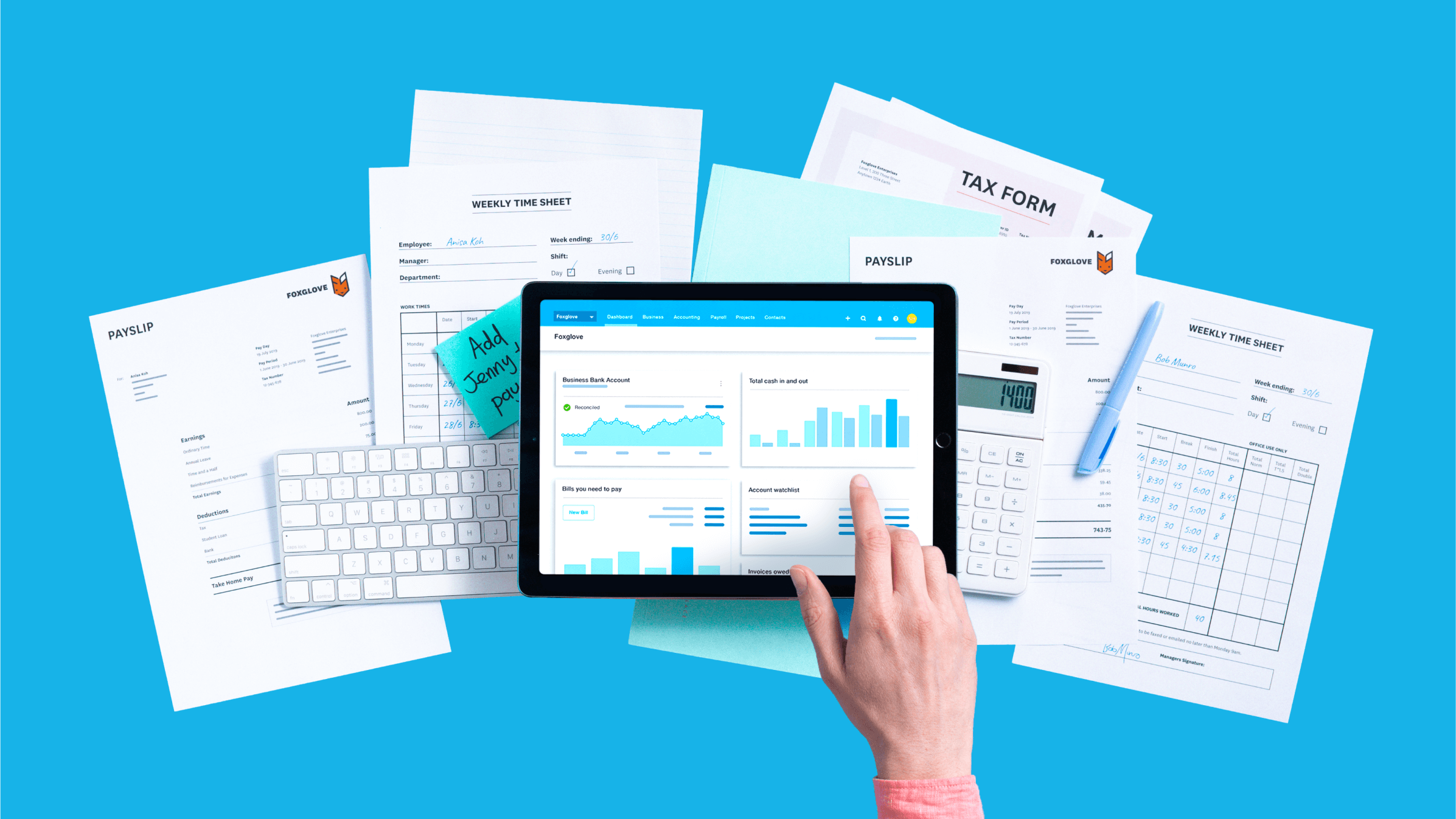 A tablet displays the Xero dashboard with a visual summary of the money coming and going out of the business. 