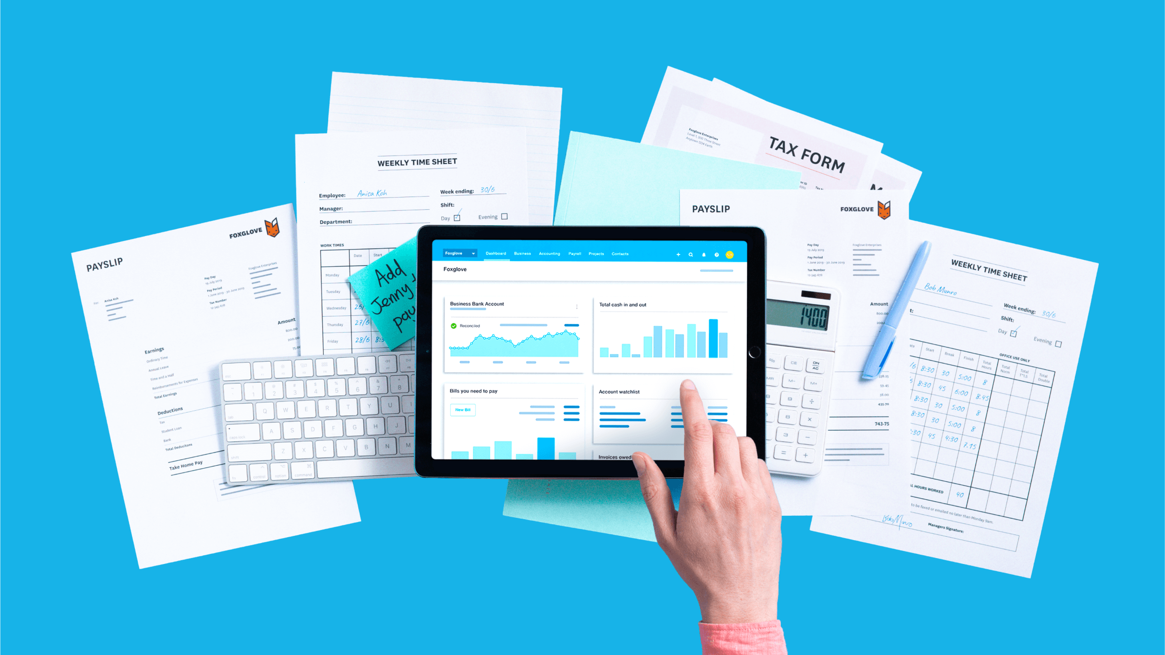 A tablet displays the Xero dashboard with a visual summary of the money coming and going out of the business.