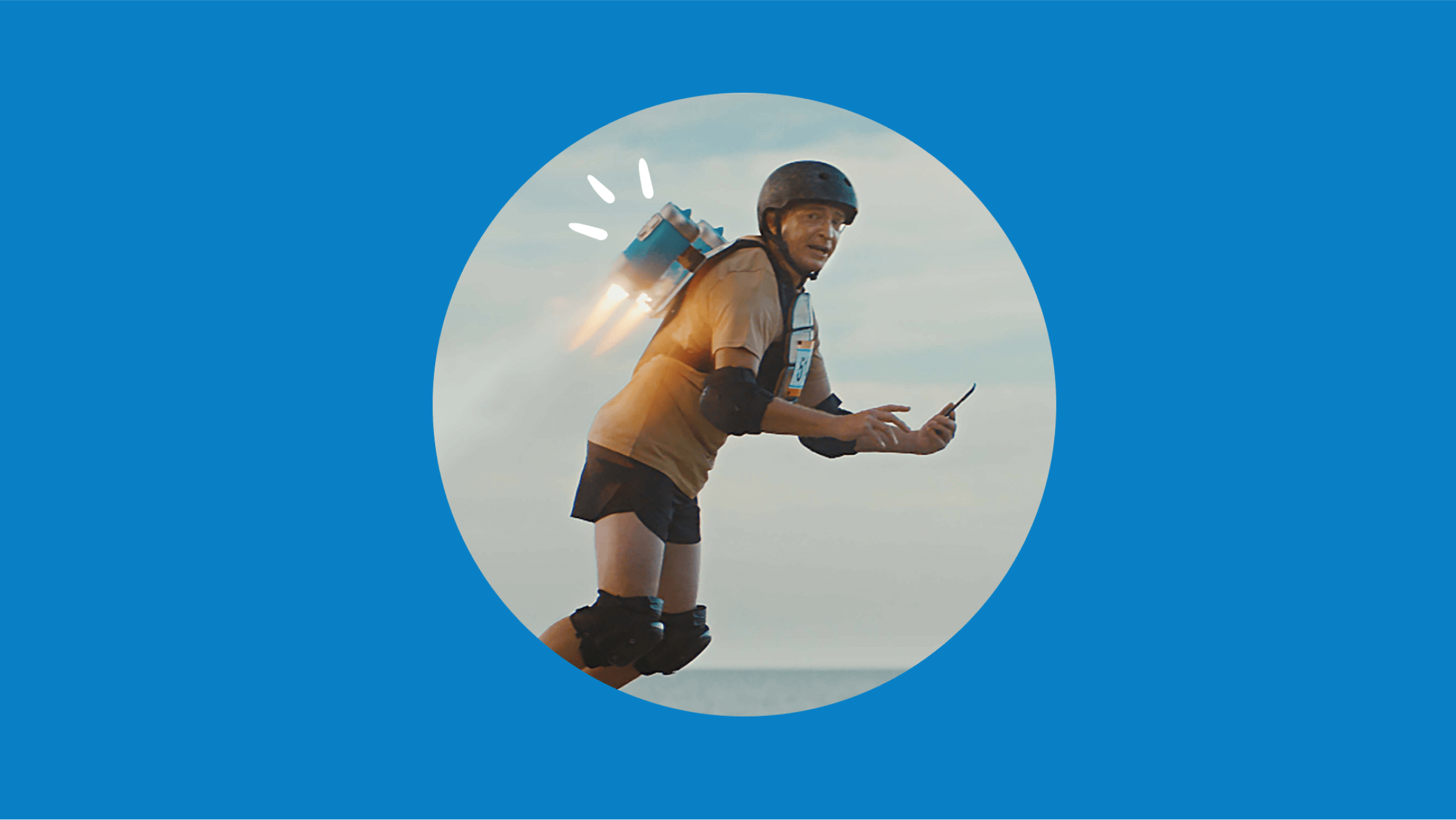 A person with a rocket booster strapped to their back holds a smartphone, showing the efficiency boost with a switch to Xero.