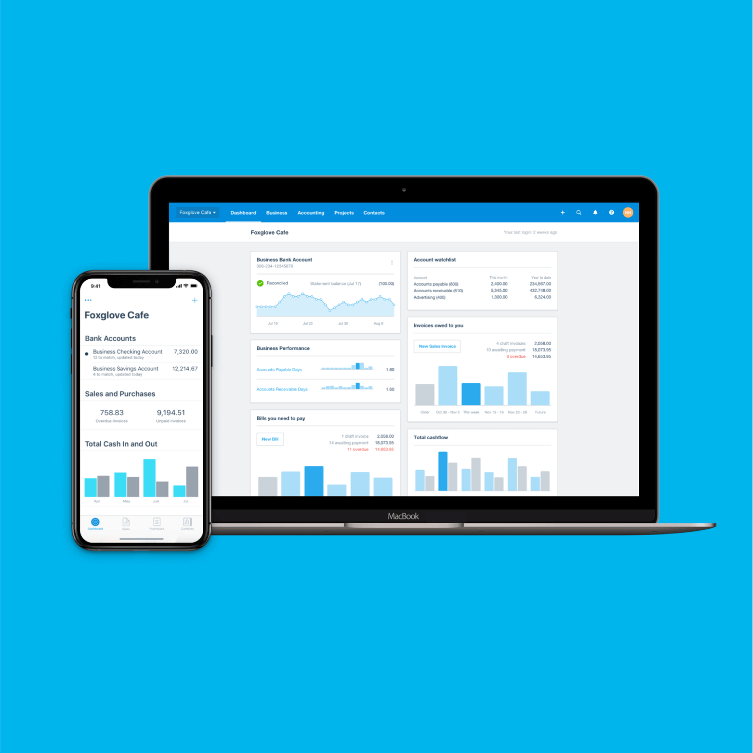 Small business financials display on a phone and on a laptop  after conversion to Xero. 